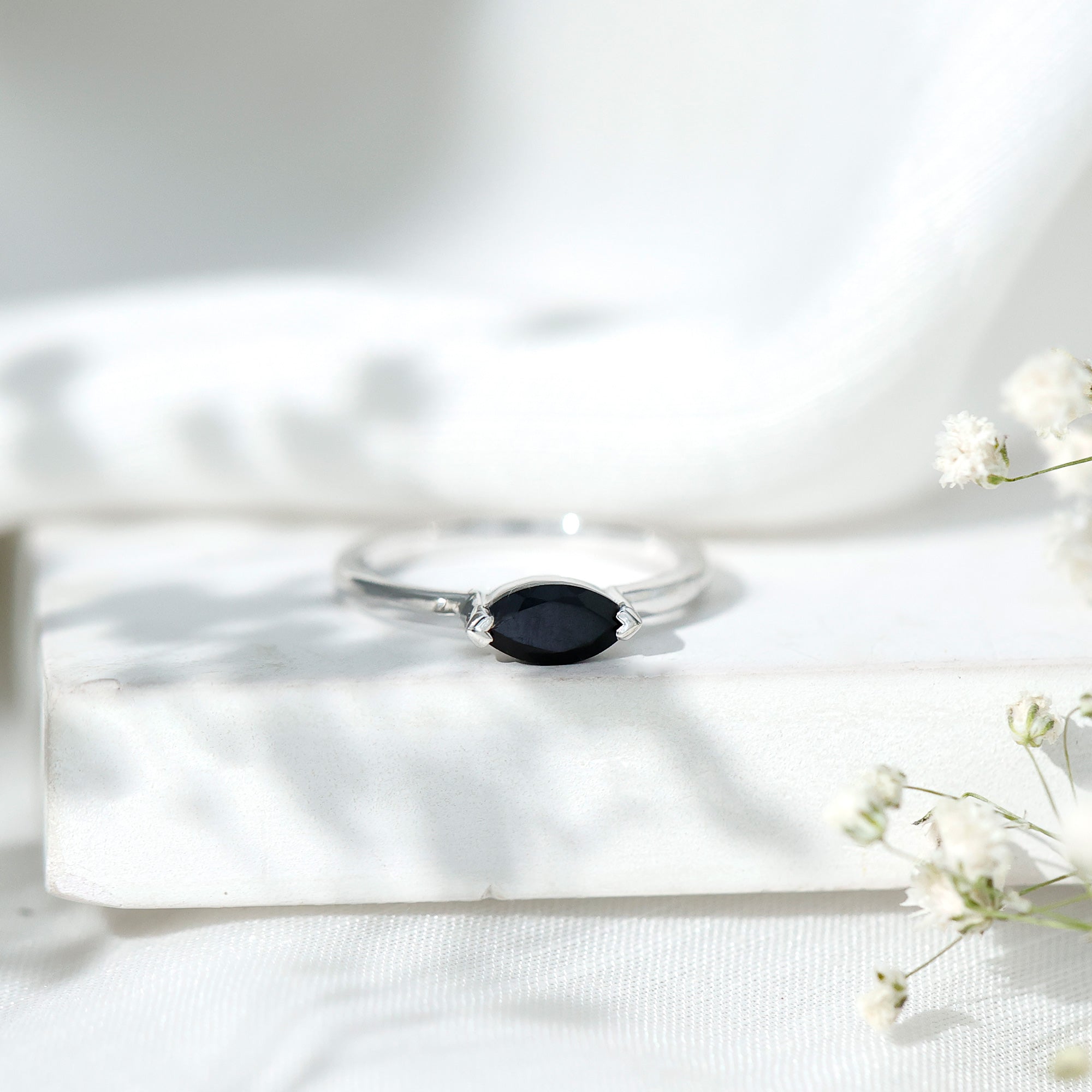 Marquise Shaped Black Onyx Solitaire Promise Ring for Her AAA - Rosec Jewels