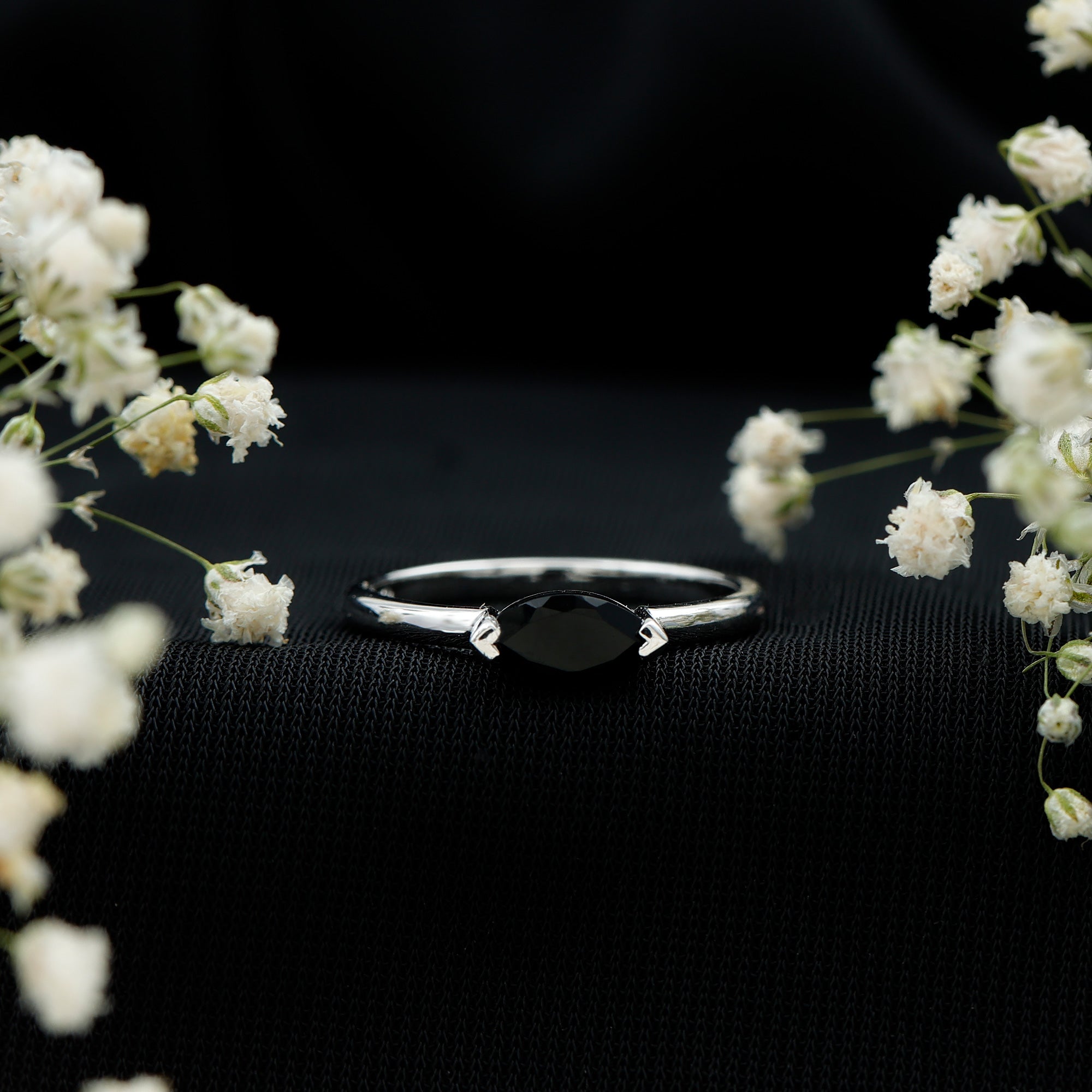 Marquise Shaped Black Onyx Solitaire Promise Ring for Her AAA - Rosec Jewels