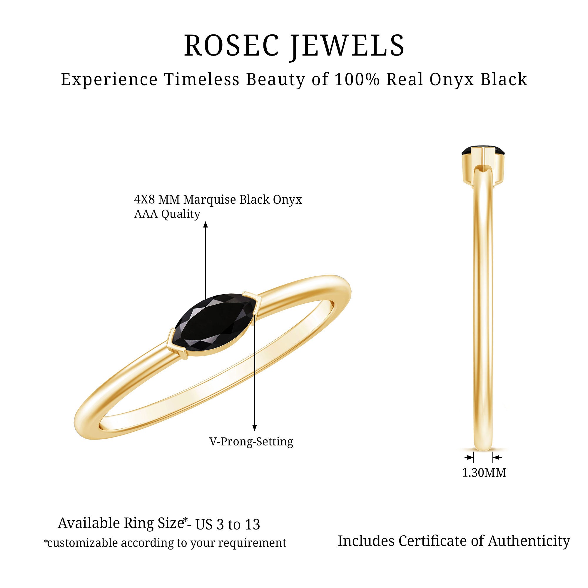 Marquise Shaped Black Onyx Solitaire Promise Ring for Her AAA - Rosec Jewels