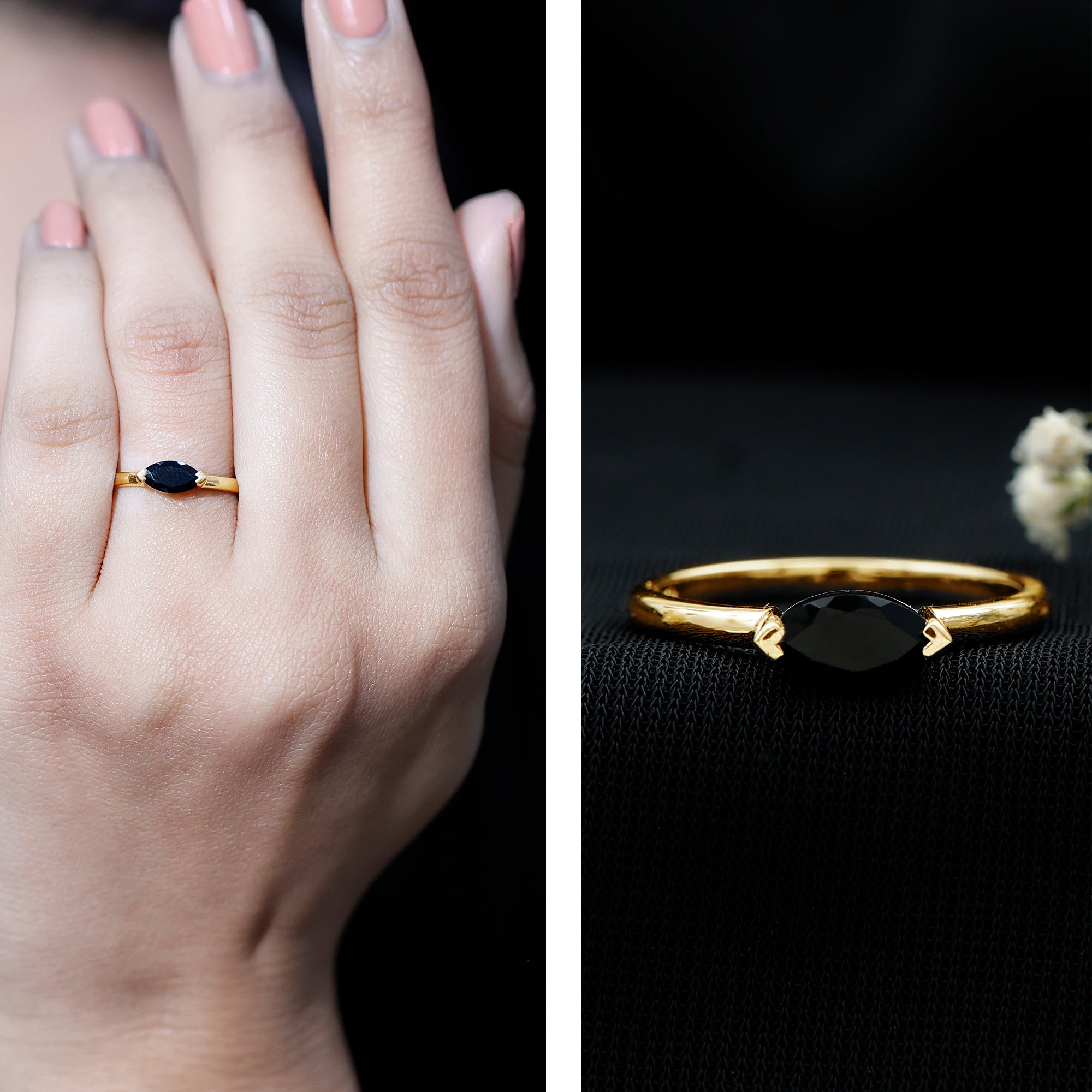 Marquise Shaped Black Onyx Solitaire Promise Ring for Her AAA - Rosec Jewels