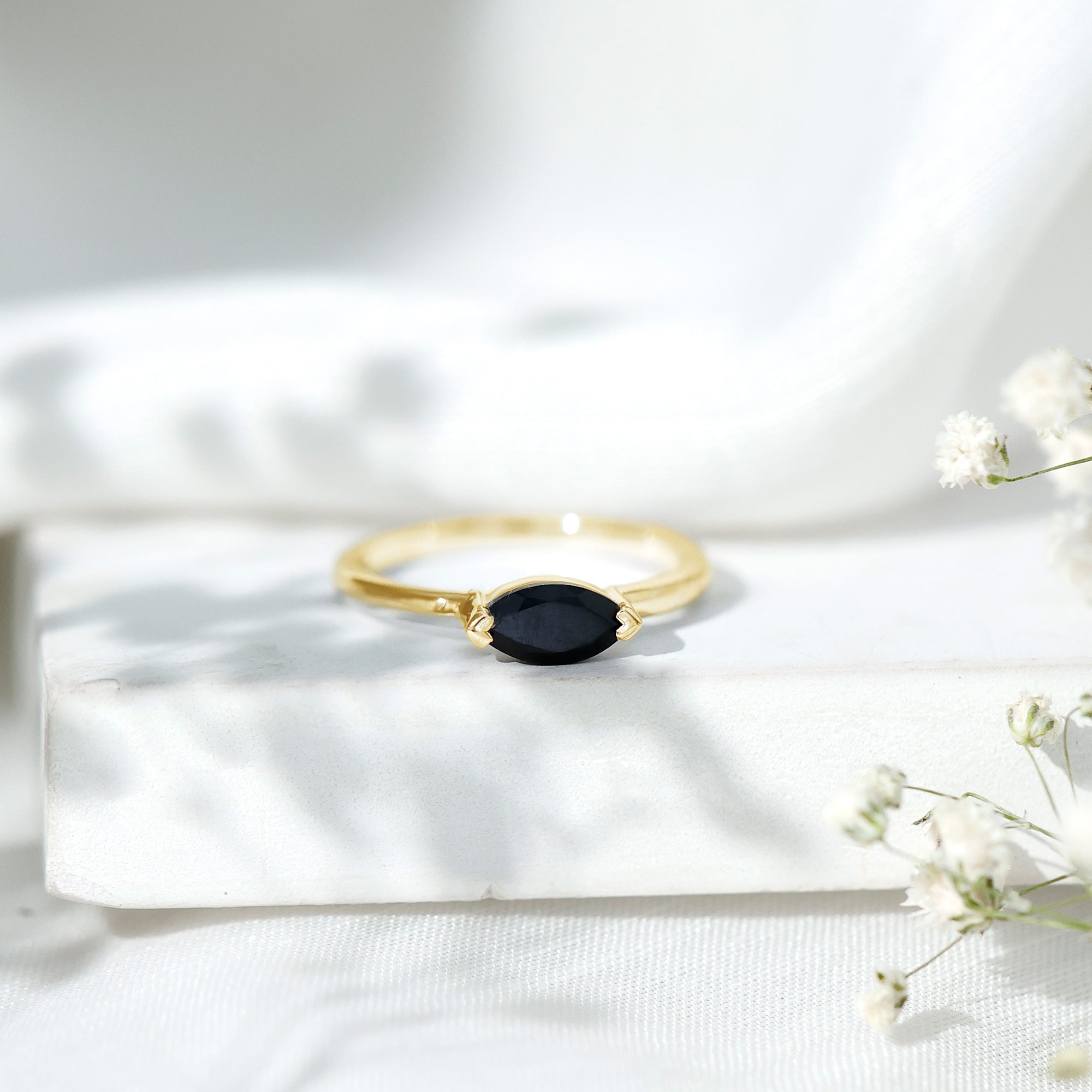 Marquise Shaped Black Onyx Solitaire Promise Ring for Her AAA - Rosec Jewels