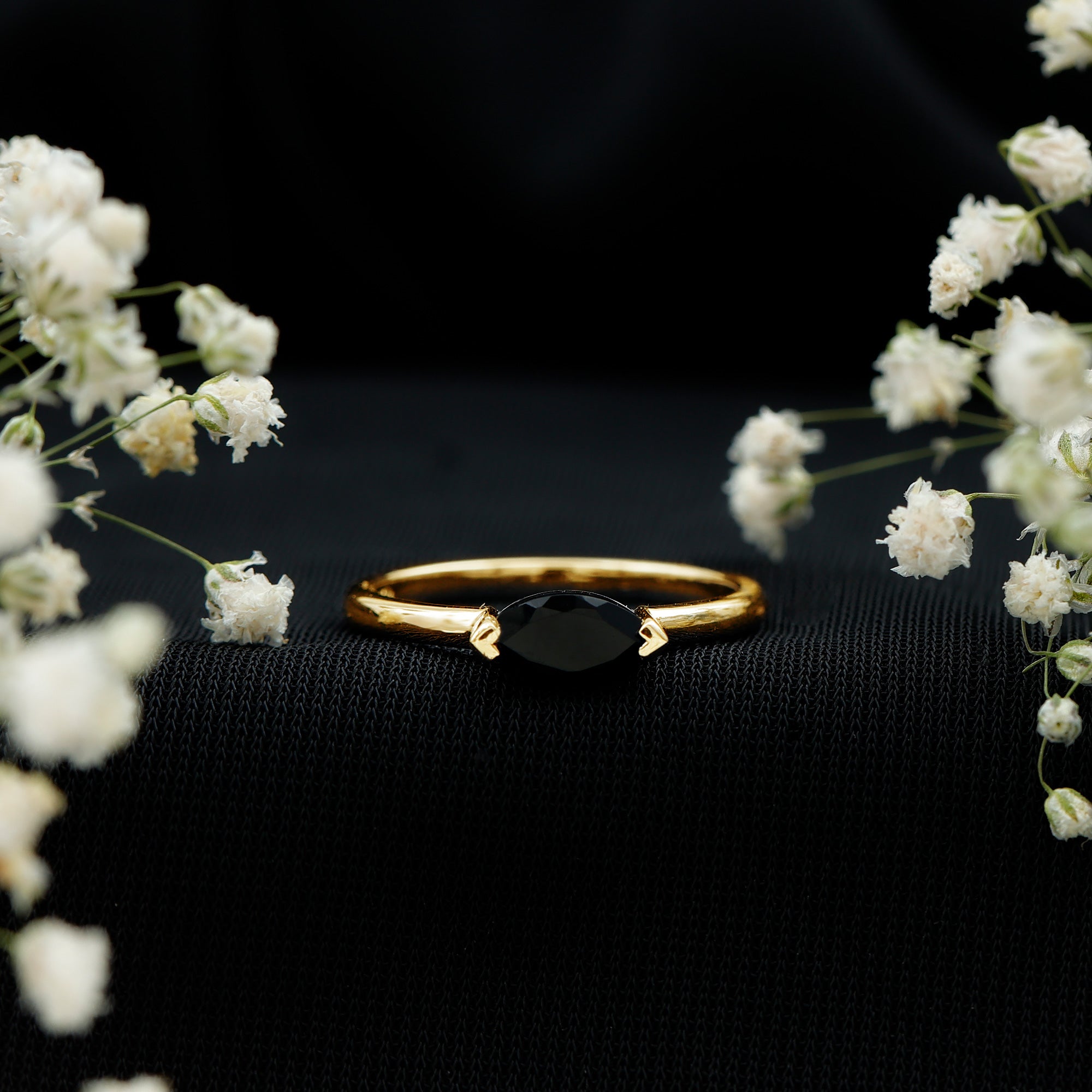 Marquise Shaped Black Onyx Solitaire Promise Ring for Her AAA - Rosec Jewels
