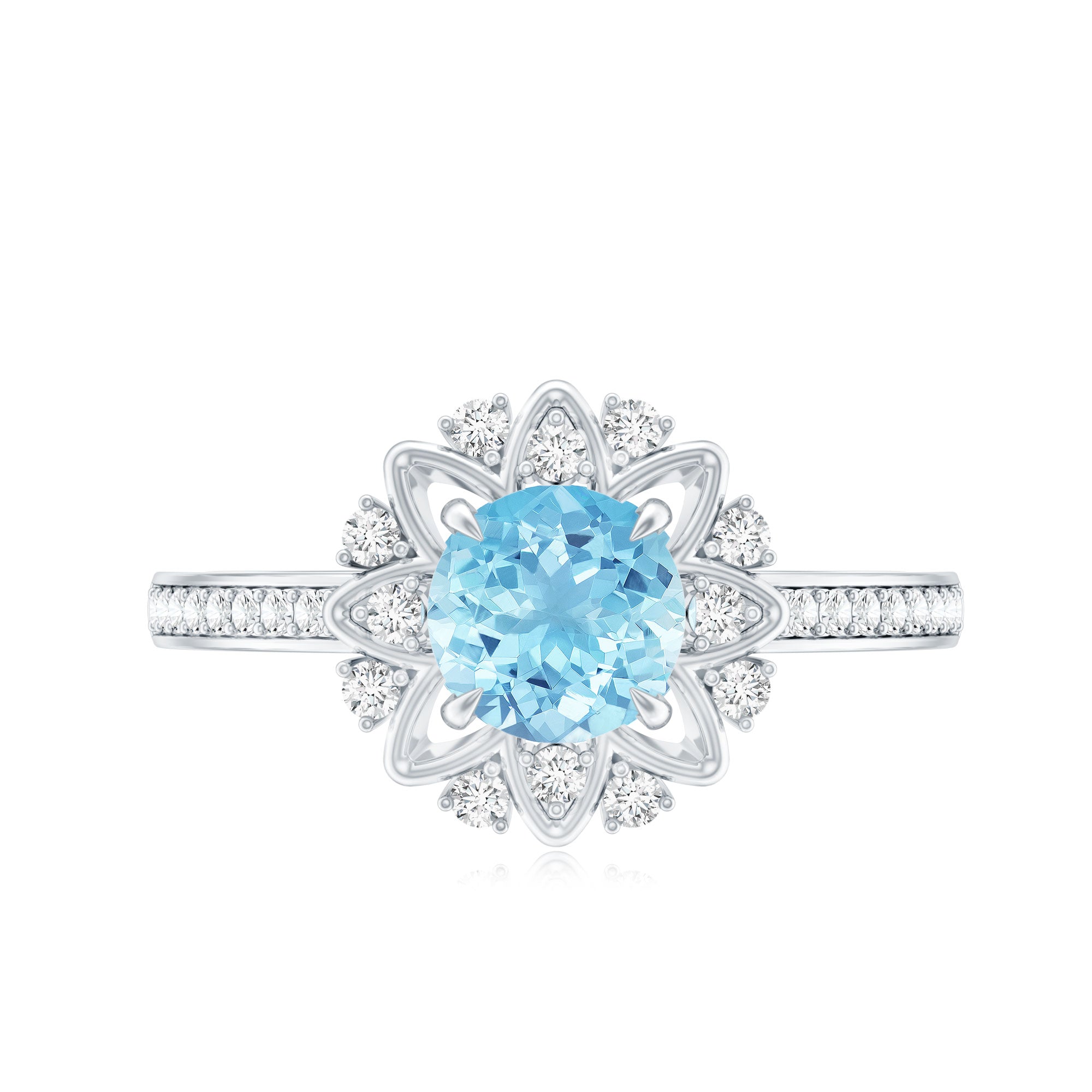 Rosec Jewels-Genuine 0.8 Aquamarine Floral Engagement Ring with Diamond Side Stones