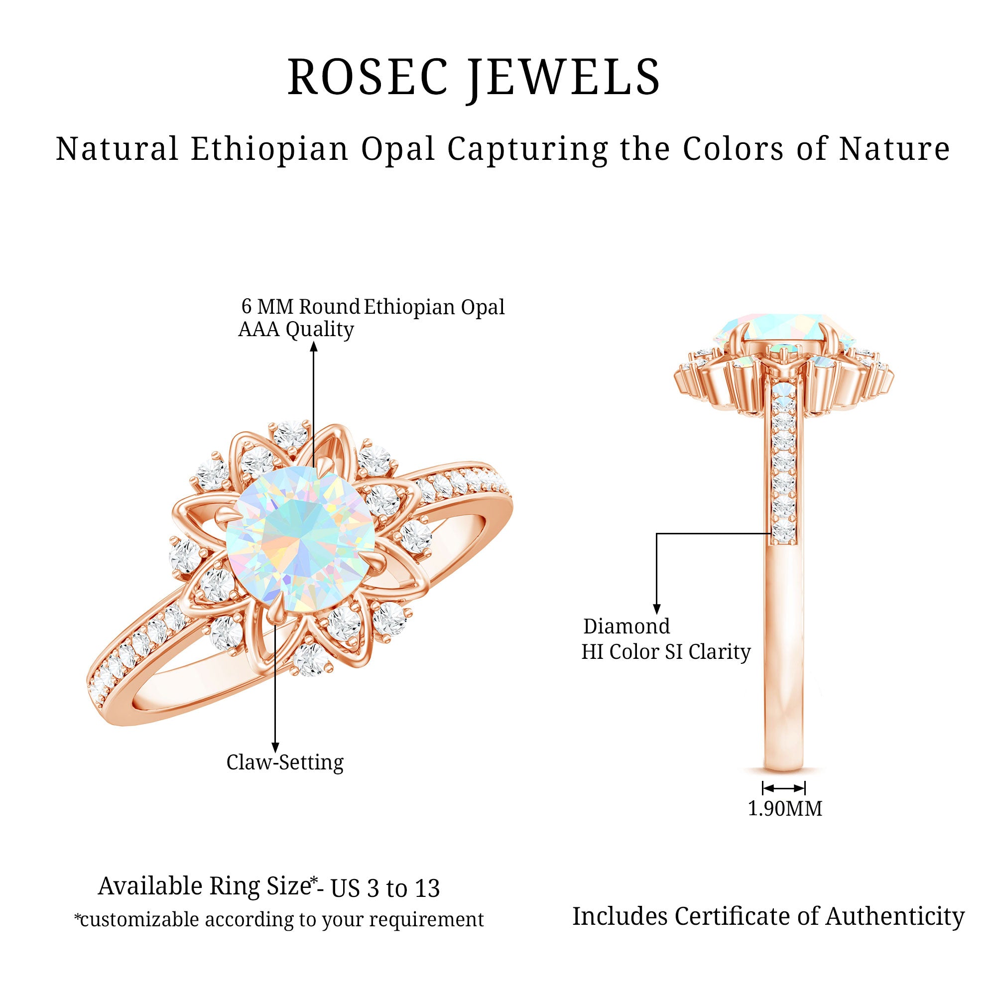 Genuine Ethiopian Opal Flower Engagement Ring with Diamond AAA - Rosec Jewels