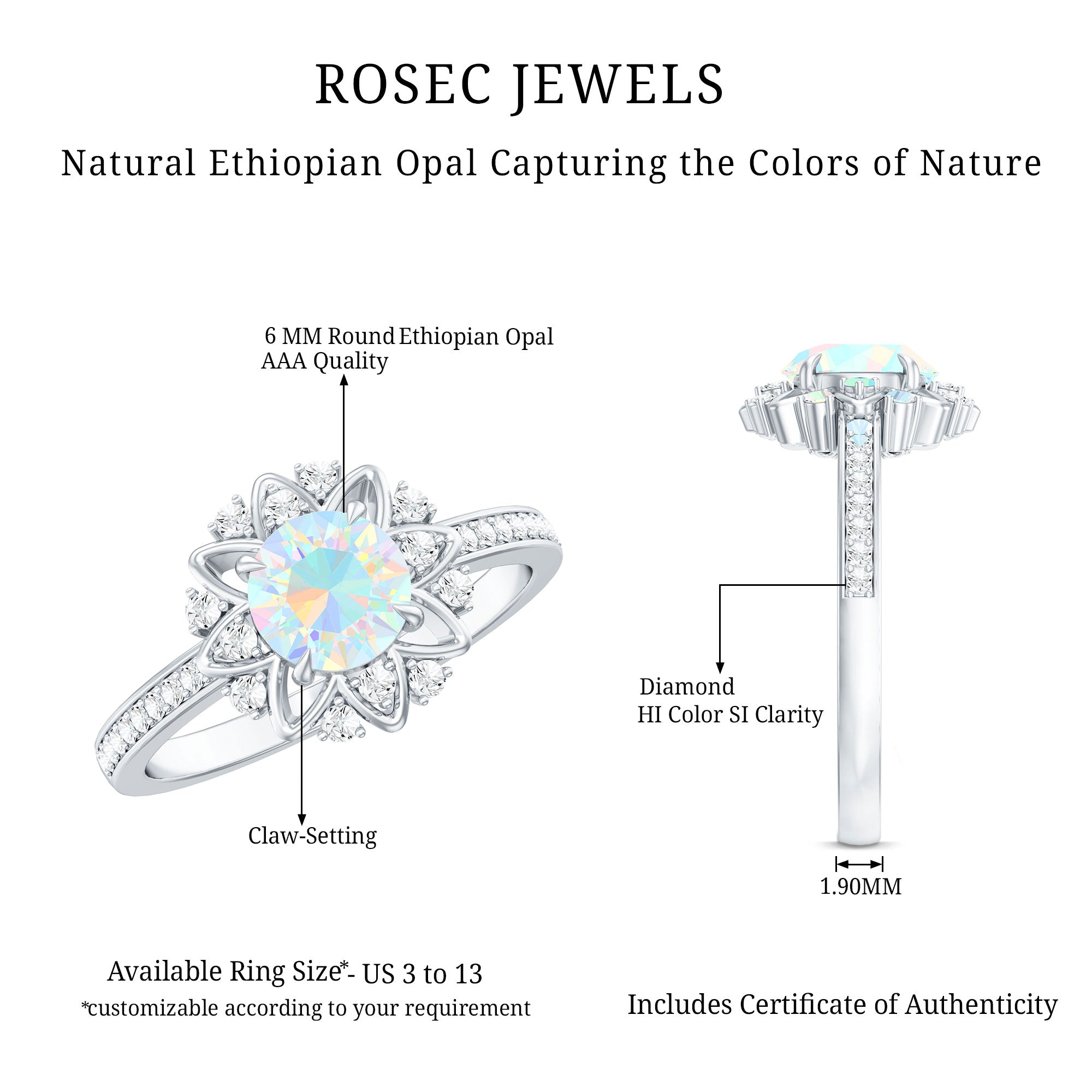 Genuine Ethiopian Opal Flower Engagement Ring with Diamond AAA - Rosec Jewels