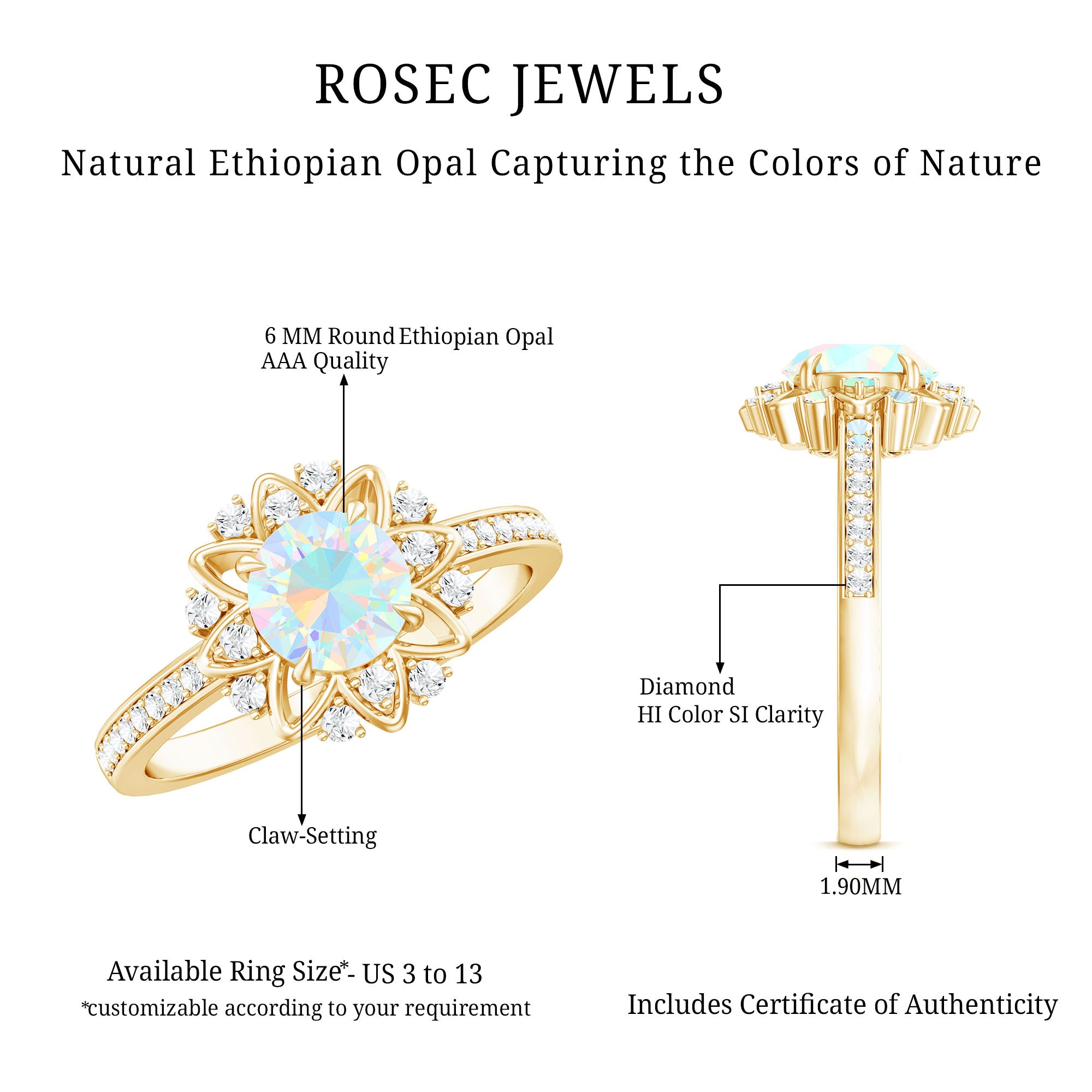 Genuine Ethiopian Opal Flower Engagement Ring with Diamond AAA - Rosec Jewels