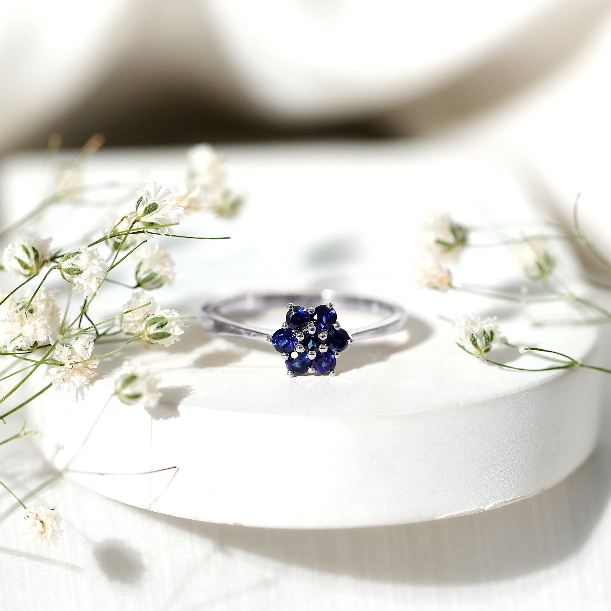 Rosec Jewels-1 CT Round Shape Blue Sapphire Cluster Flower Ring