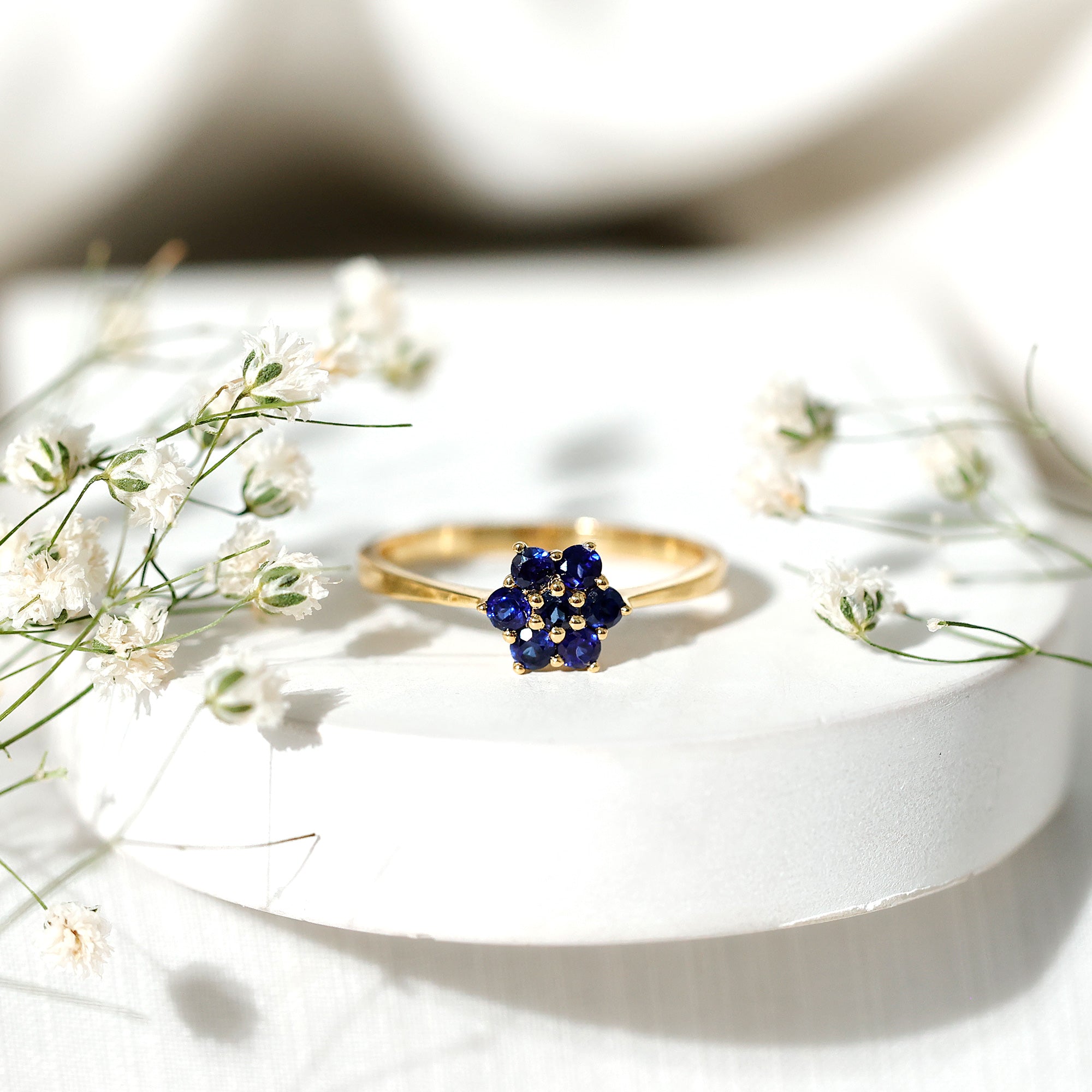 Rosec Jewels-1 CT Round Shape Blue Sapphire Cluster Flower Ring