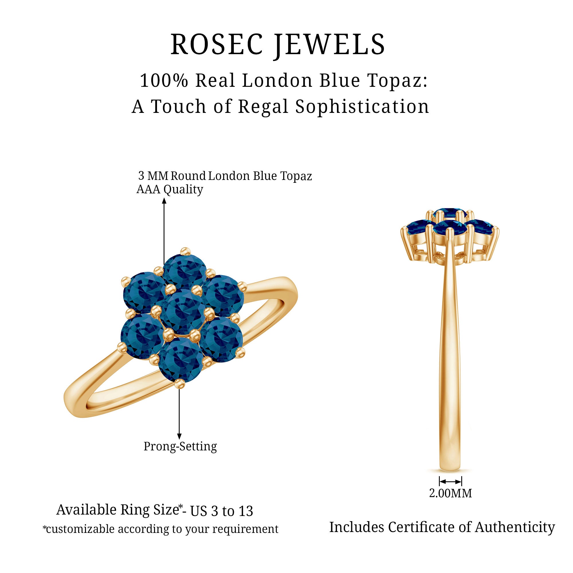 Rosec Jewels-Genuine London Blue Topaz Flower Engagement Ring With Certificate
