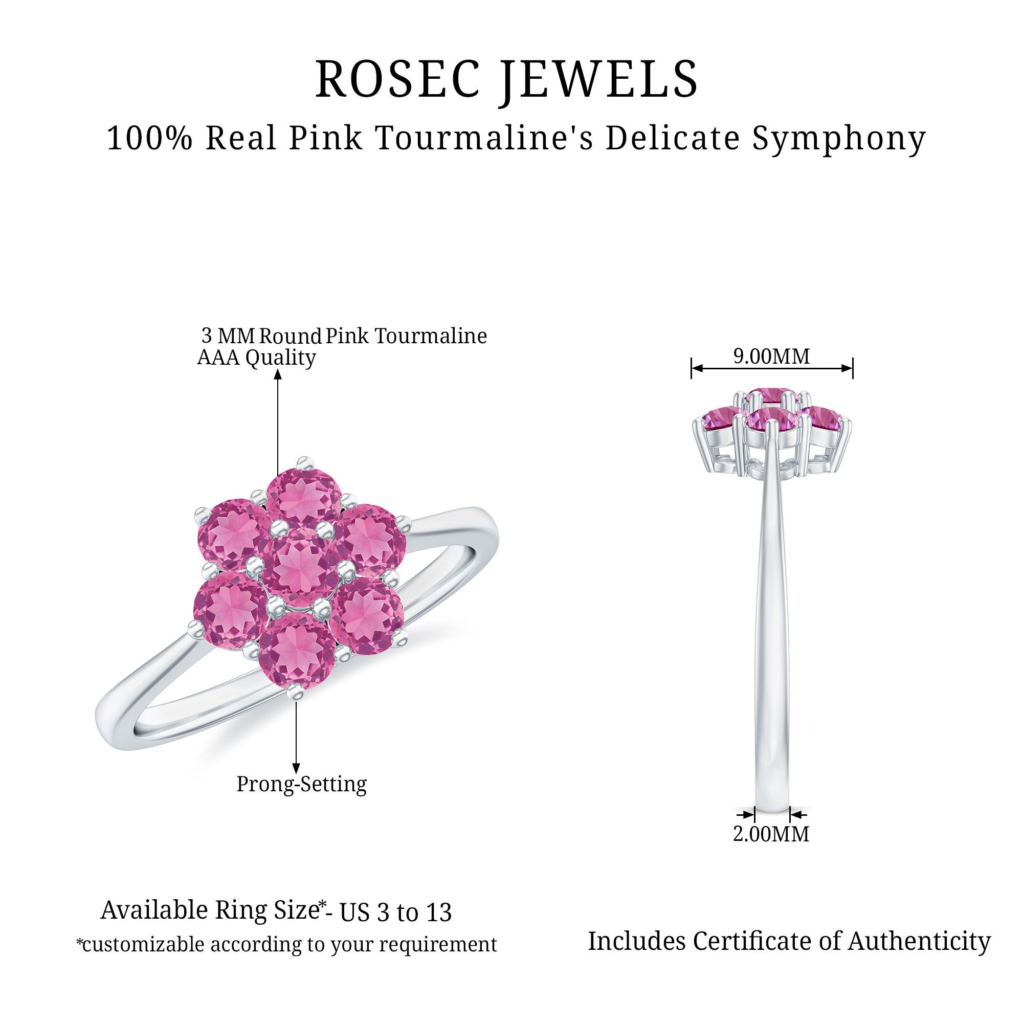 Round Shape Pink Tourmaline Flower Engagement Ring AAA - Rosec Jewels