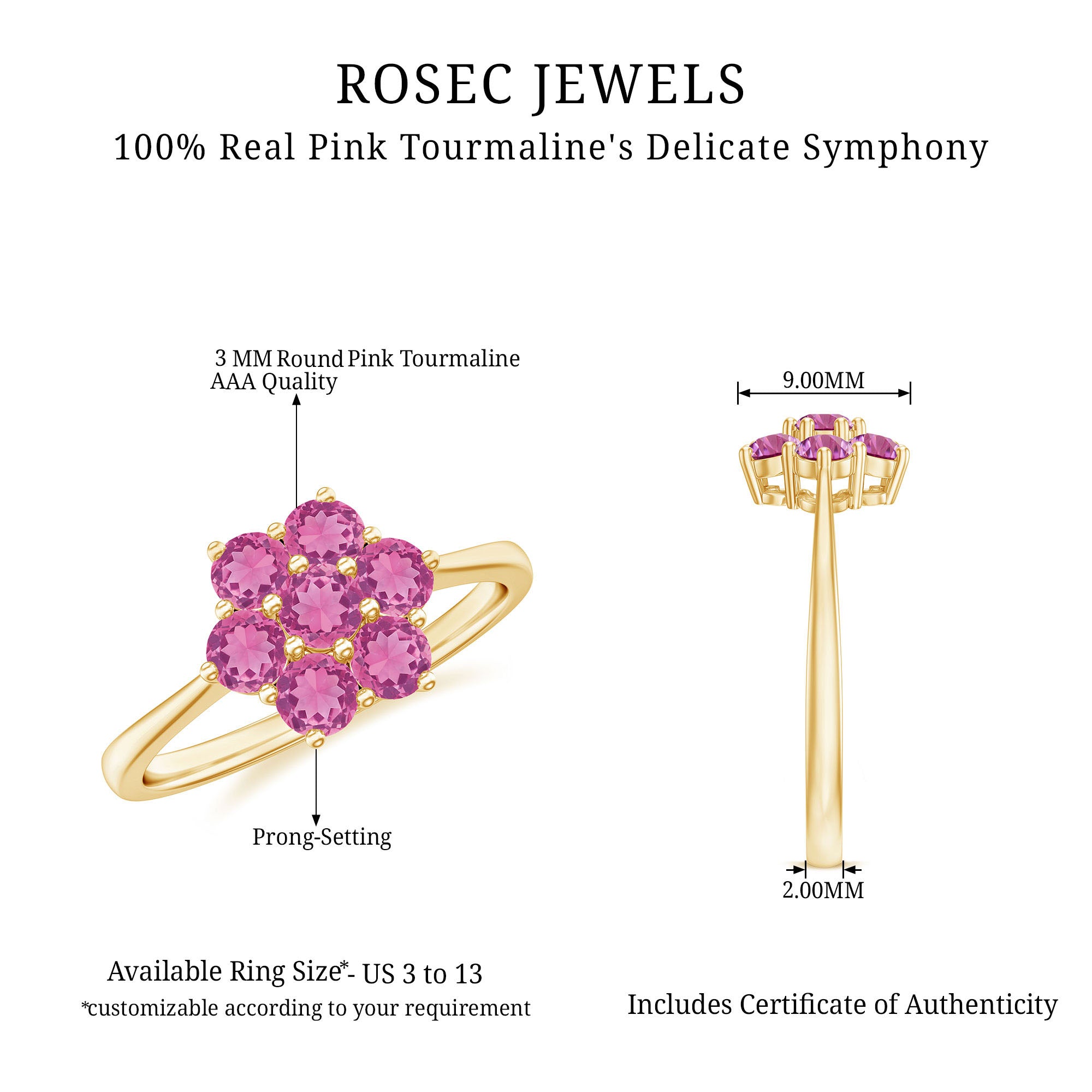 Round Shape Pink Tourmaline Flower Engagement Ring AAA - Rosec Jewels