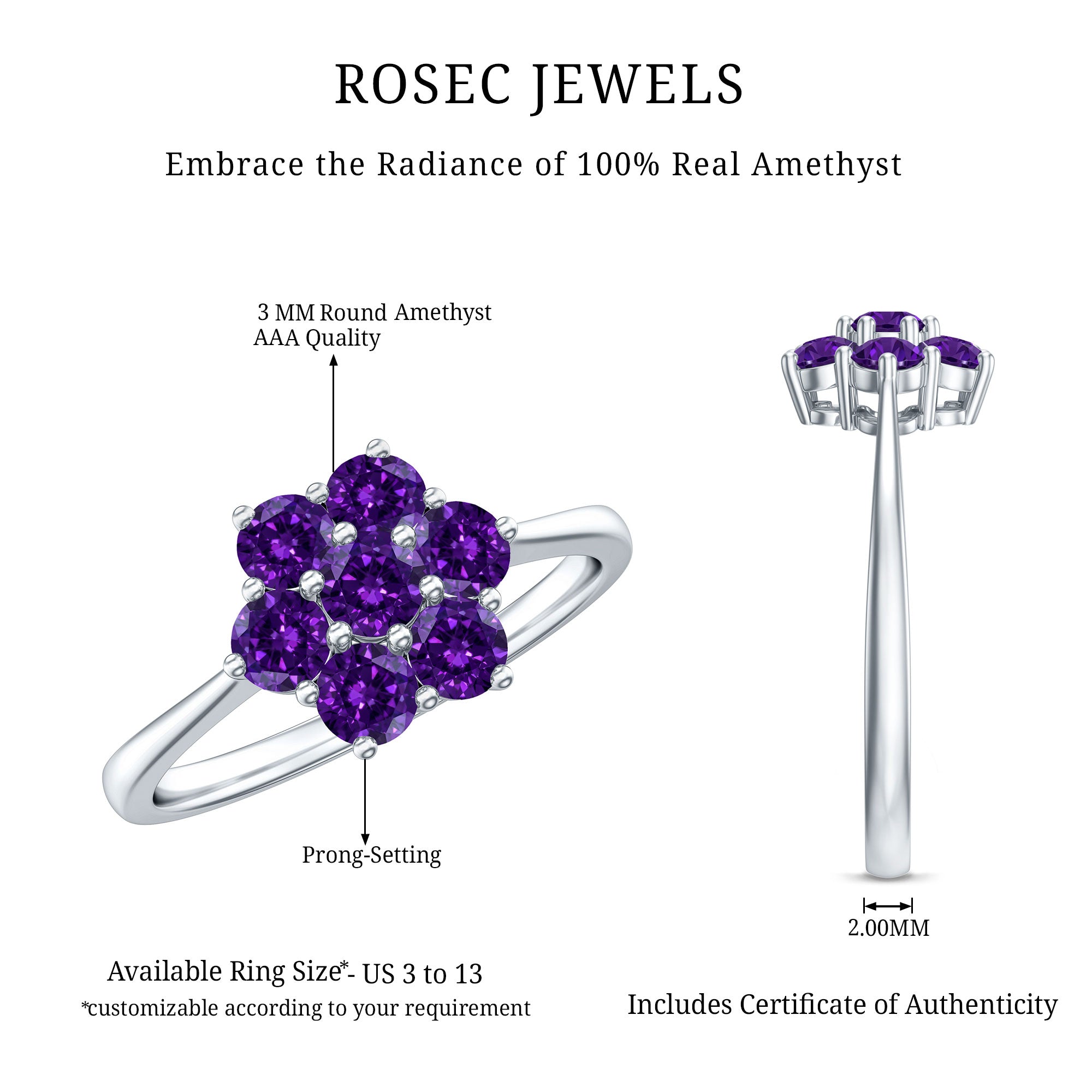 Round Shape Amethyst Cluster Flower Ring for Women AAA - Rosec Jewels
