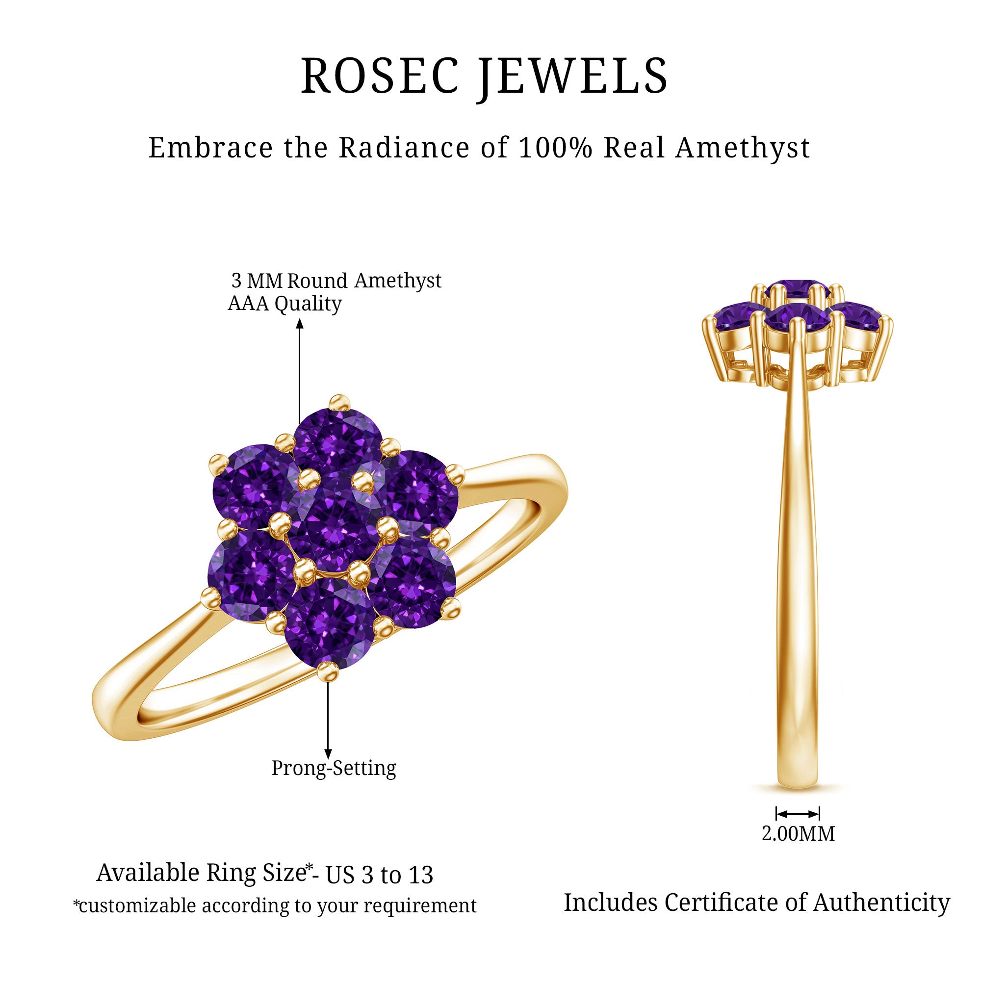 Round Shape Amethyst Cluster Flower Ring for Women AAA - Rosec Jewels