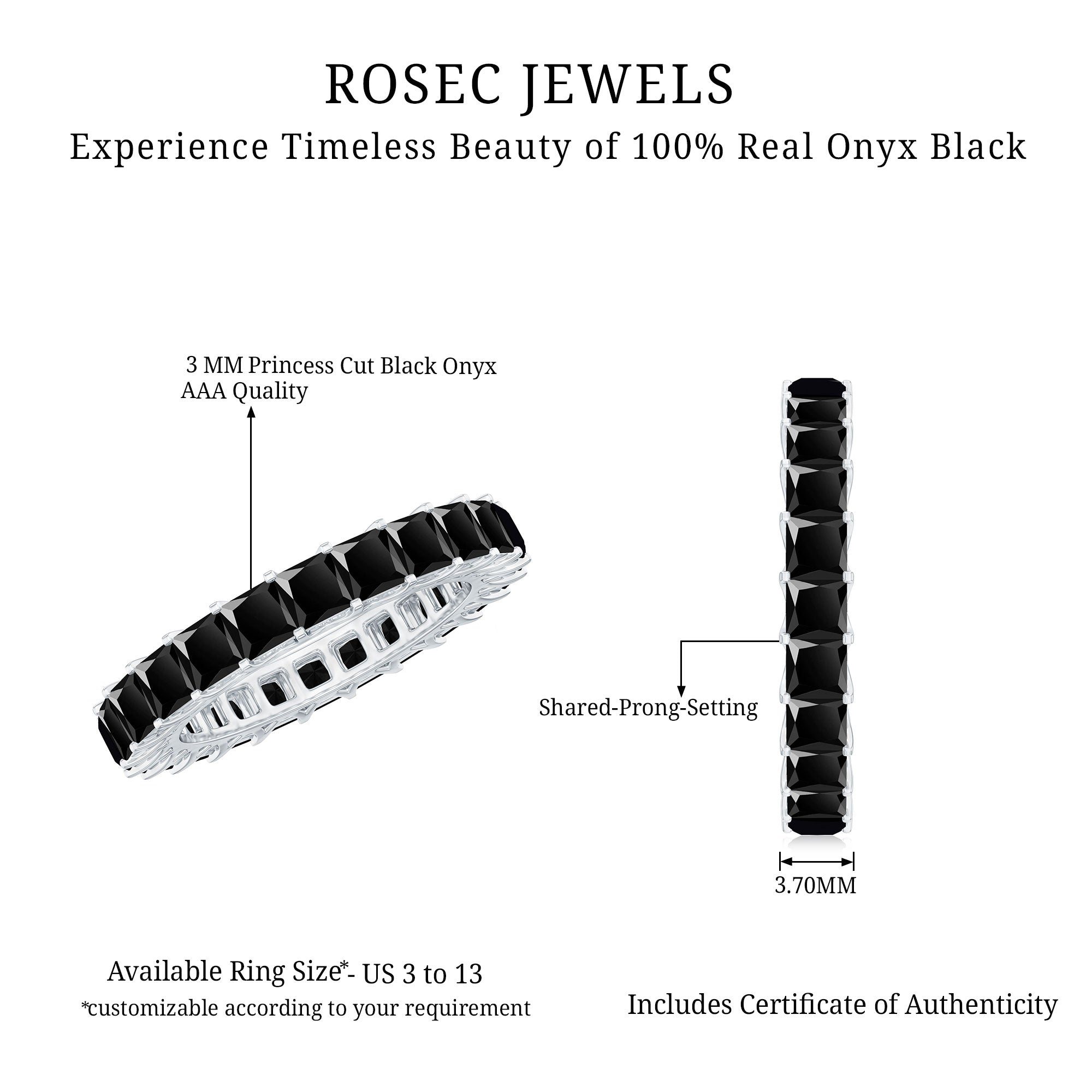 Princess Cut Black Onyx Full Eternity Wedding Band AAA - Rosec Jewels