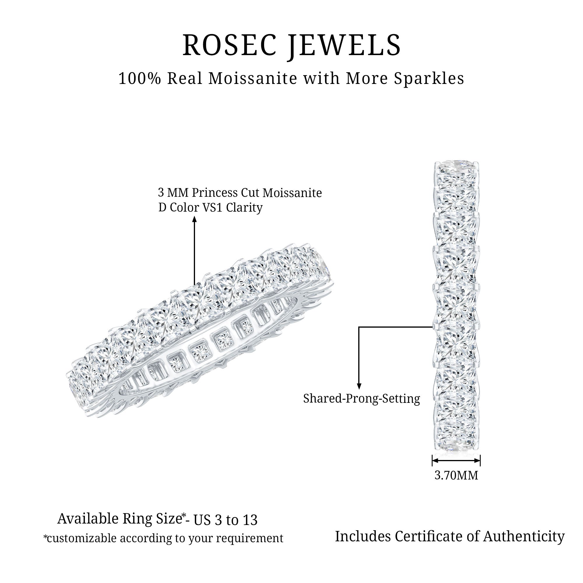Princess Cut Moissanite Full Eternity Band Ring D-VS1 - Rosec Jewels