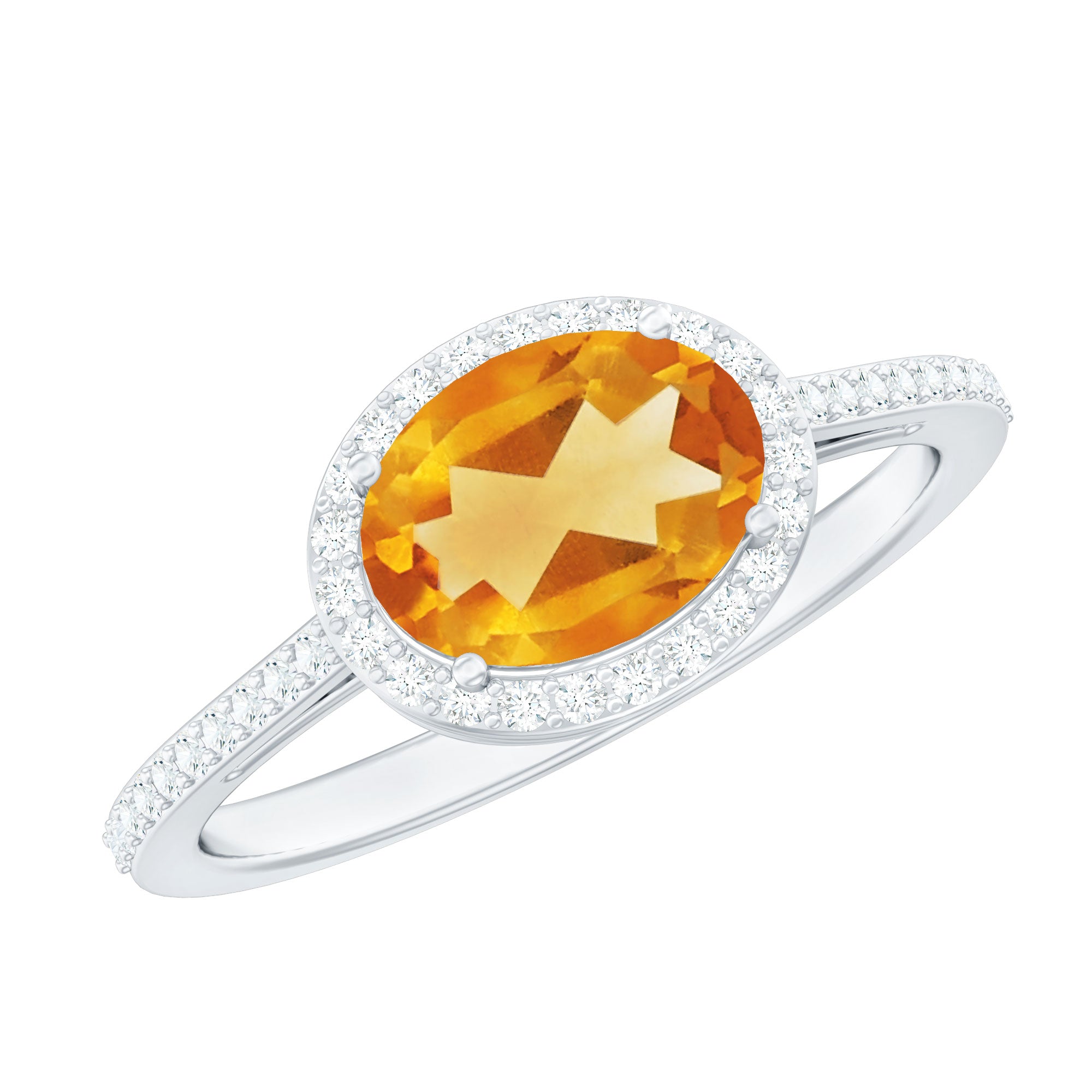 Oval Cut Citrine East West Engagement Ring with Diamond Halo