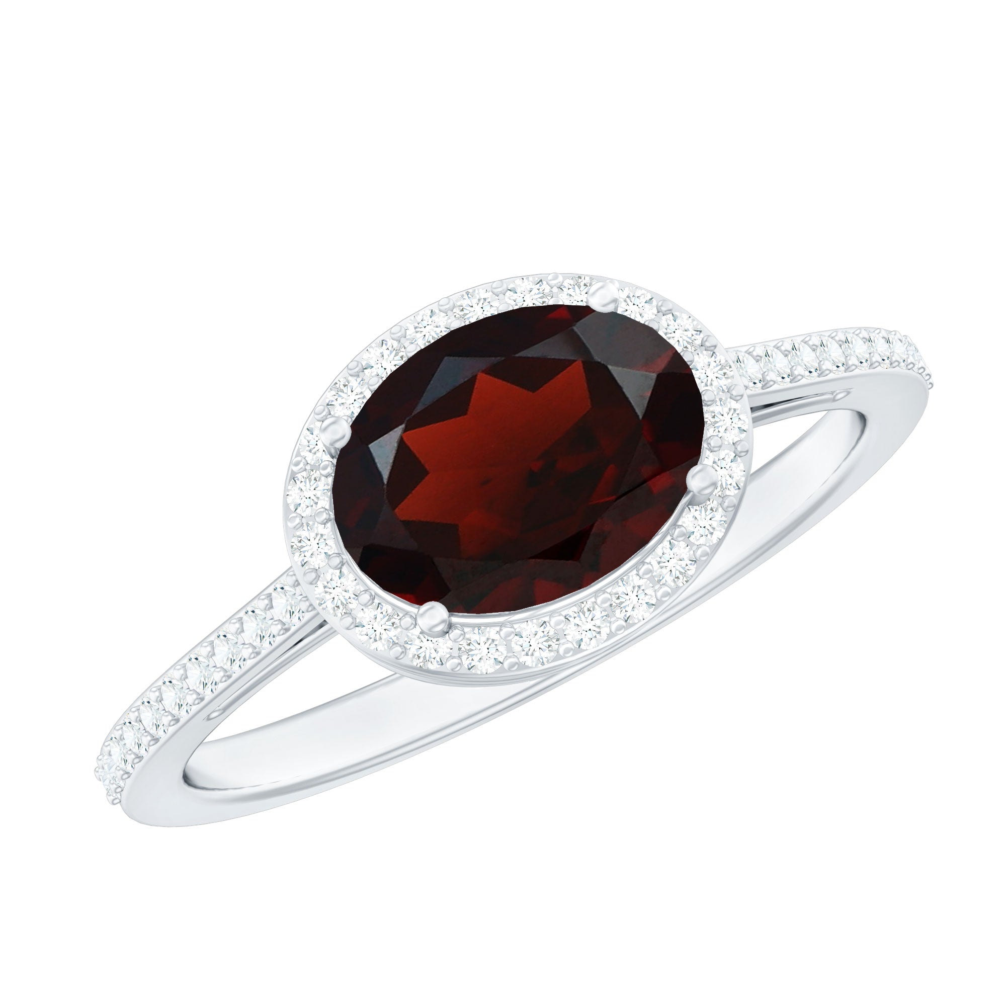 Classic 6X8mm Oval Garnet East West Engagement Ring with Diamond