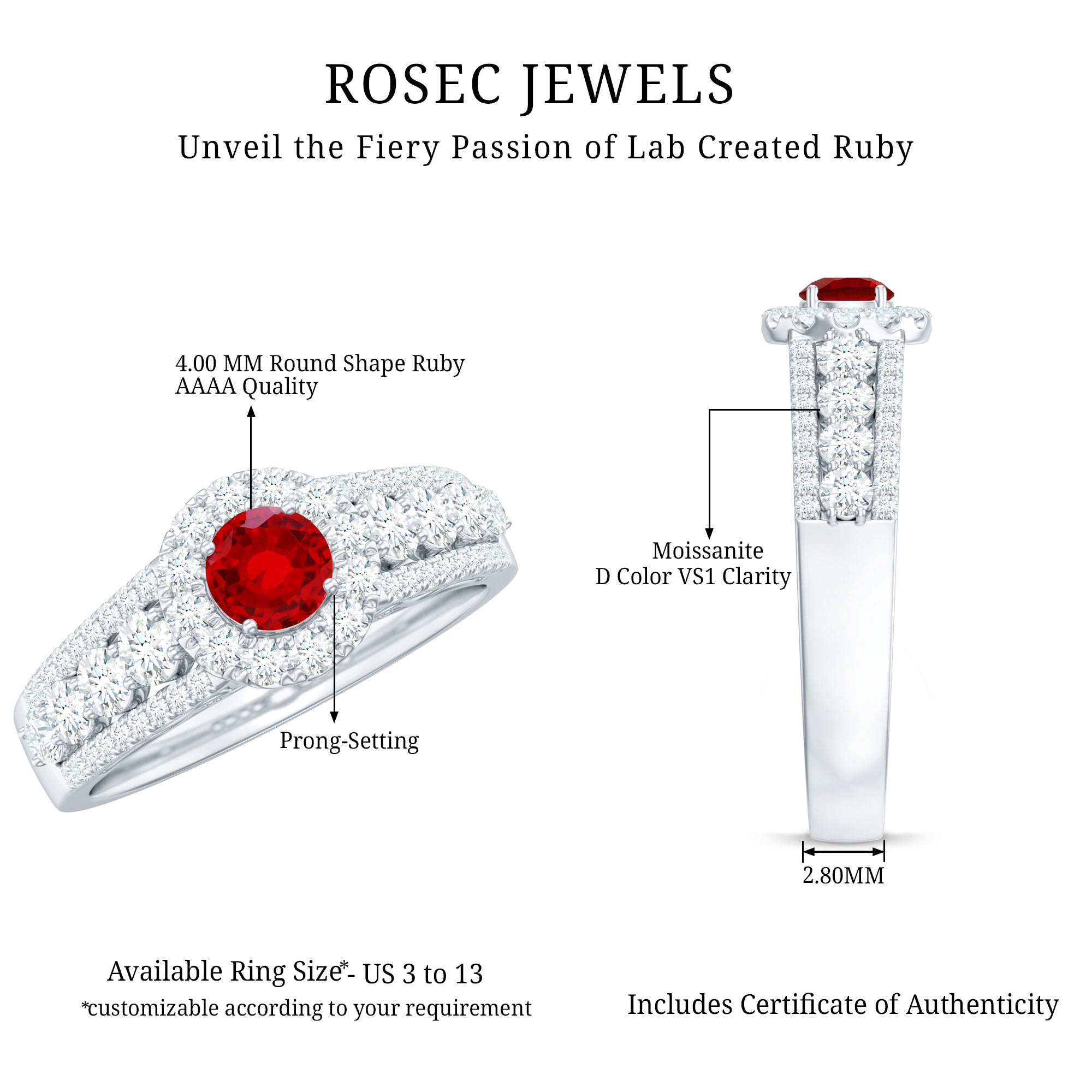 Rosec Jewels-Lab Created Ruby Side Stone Engagement Ring with Moissanite