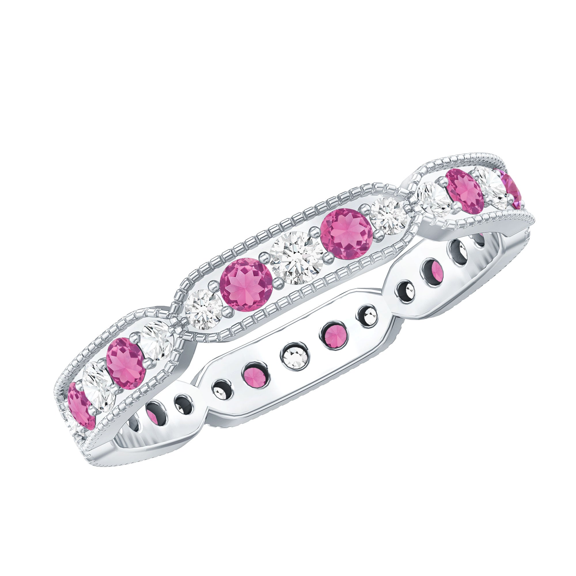 Real Pink Tourmaline and Diamond Eternity Band Ring AAA - Rosec Jewels