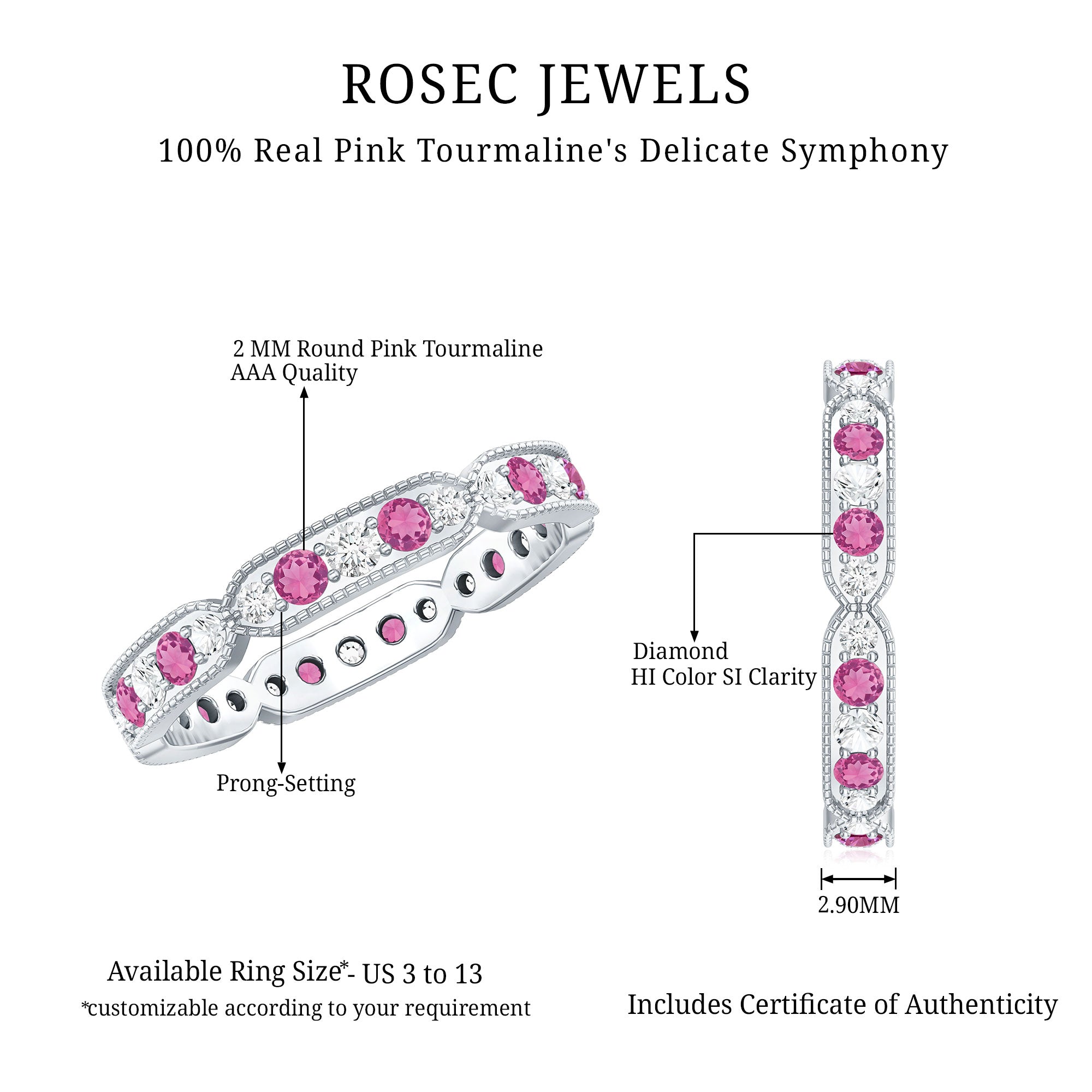 Real Pink Tourmaline and Diamond Eternity Band Ring AAA - Rosec Jewels