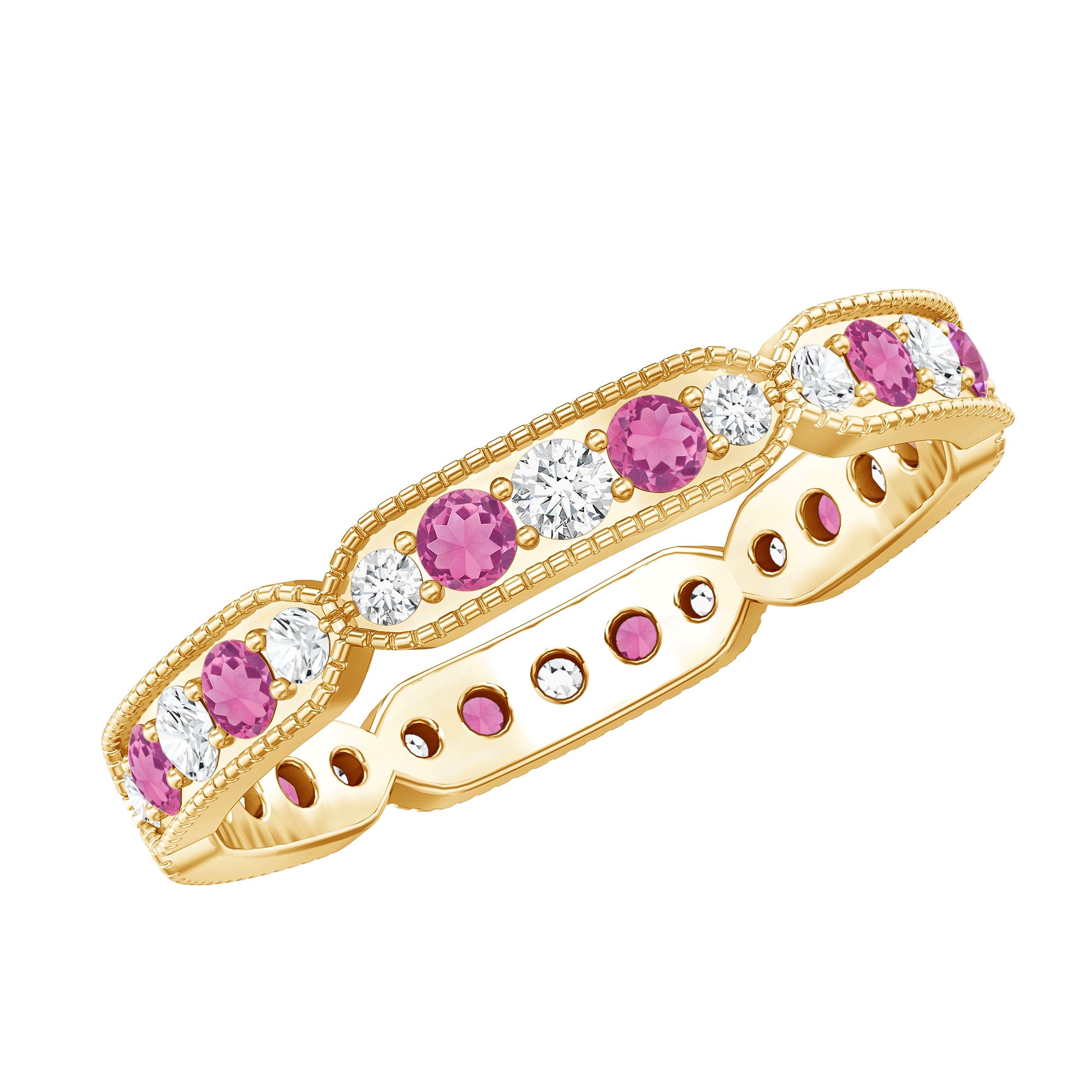 Real Pink Tourmaline and Diamond Eternity Band Ring AAA - Rosec Jewels