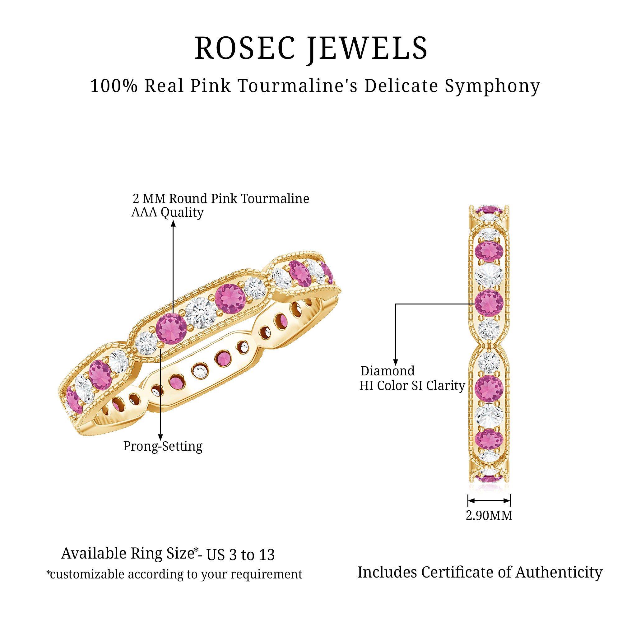 Real Pink Tourmaline and Diamond Eternity Band Ring AAA - Rosec Jewels