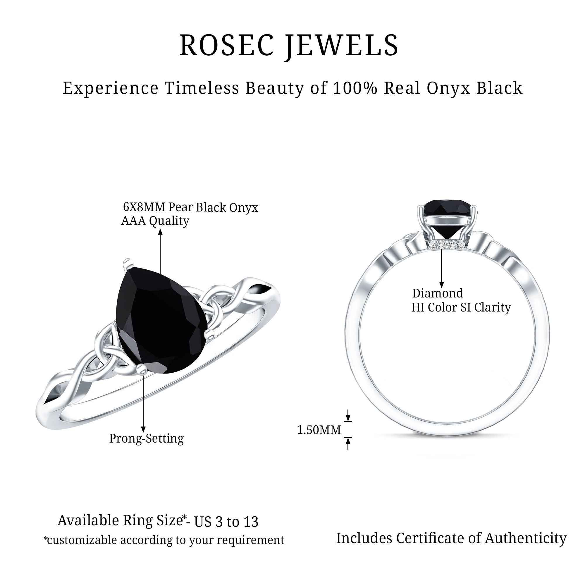 Solitaire Pear Cut Black Onyx Engagement Ring with Celtic Band AAA - Rosec Jewels
