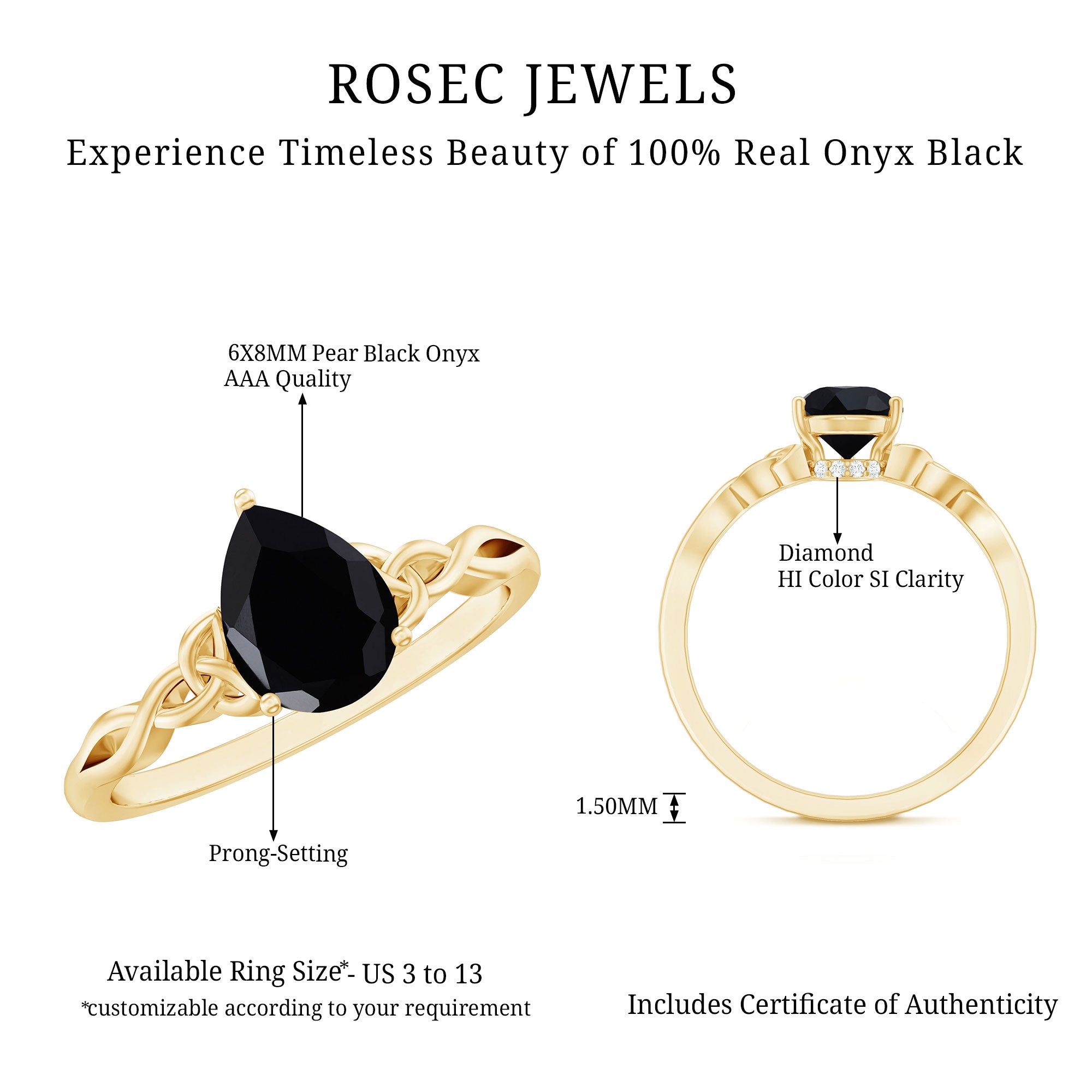Solitaire Pear Cut Black Onyx Engagement Ring with Celtic Band AAA - Rosec Jewels