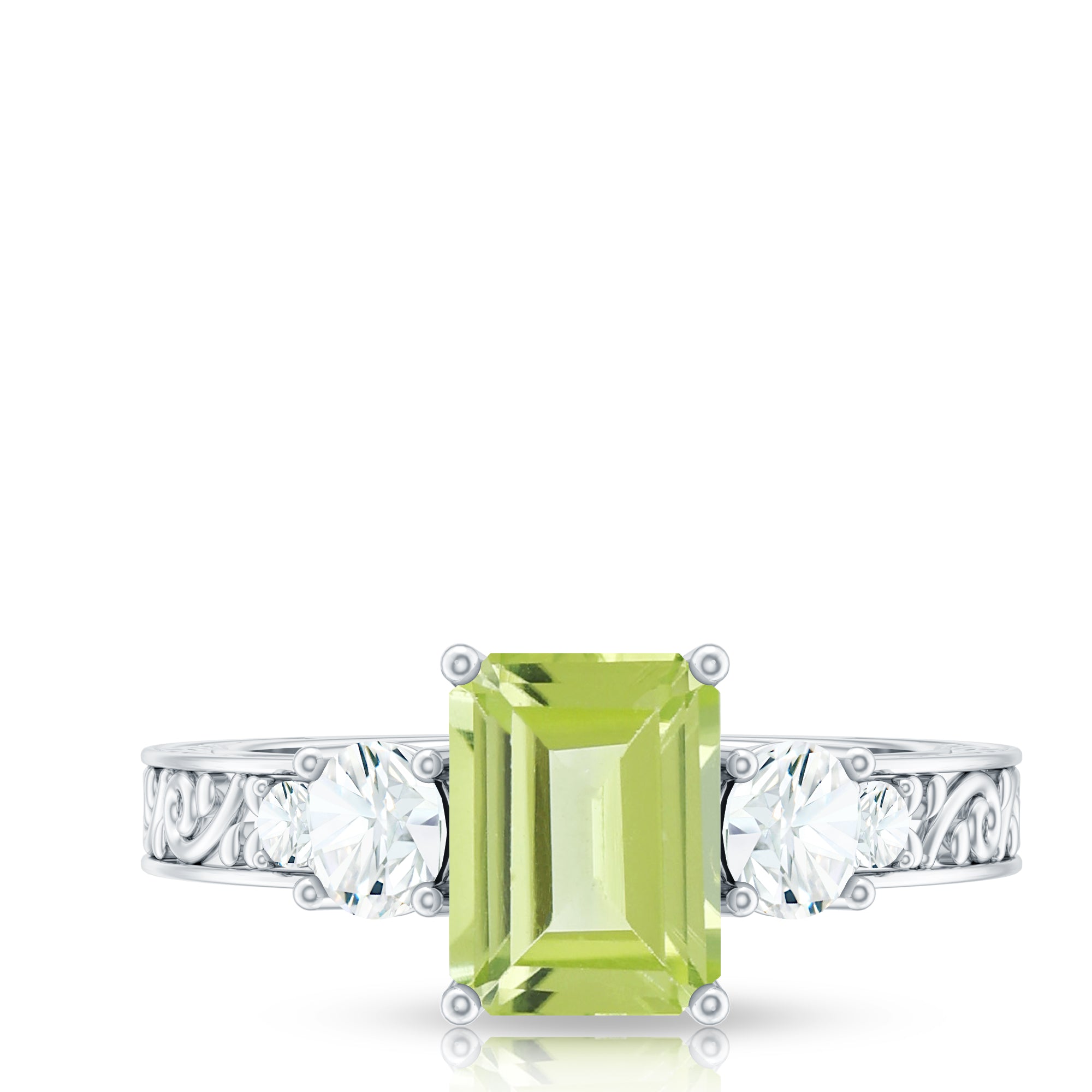 Vintage Style 1.8 Carat Peridot Emerald Cut Engagement Ring with Moissanite AAA - Rosec Jewels