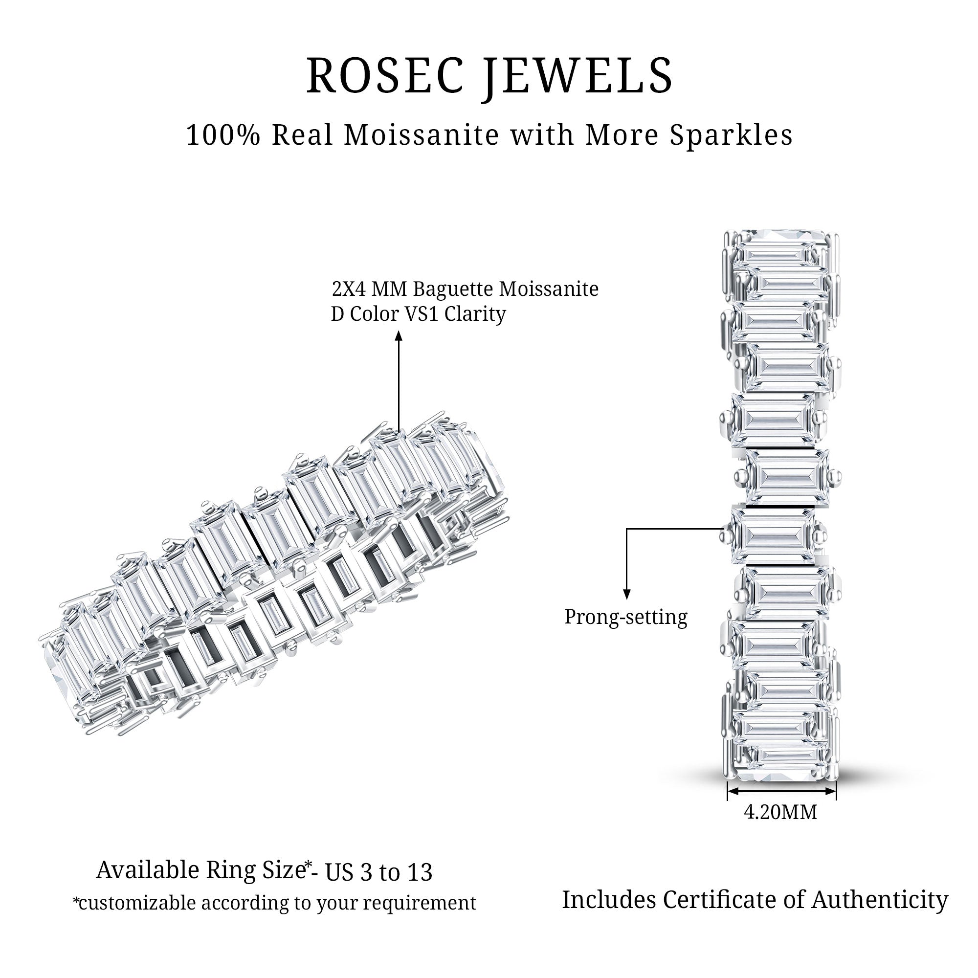 Baguette Shape Moissanite Eternity Wedding Band D-VS1 - Rosec Jewels