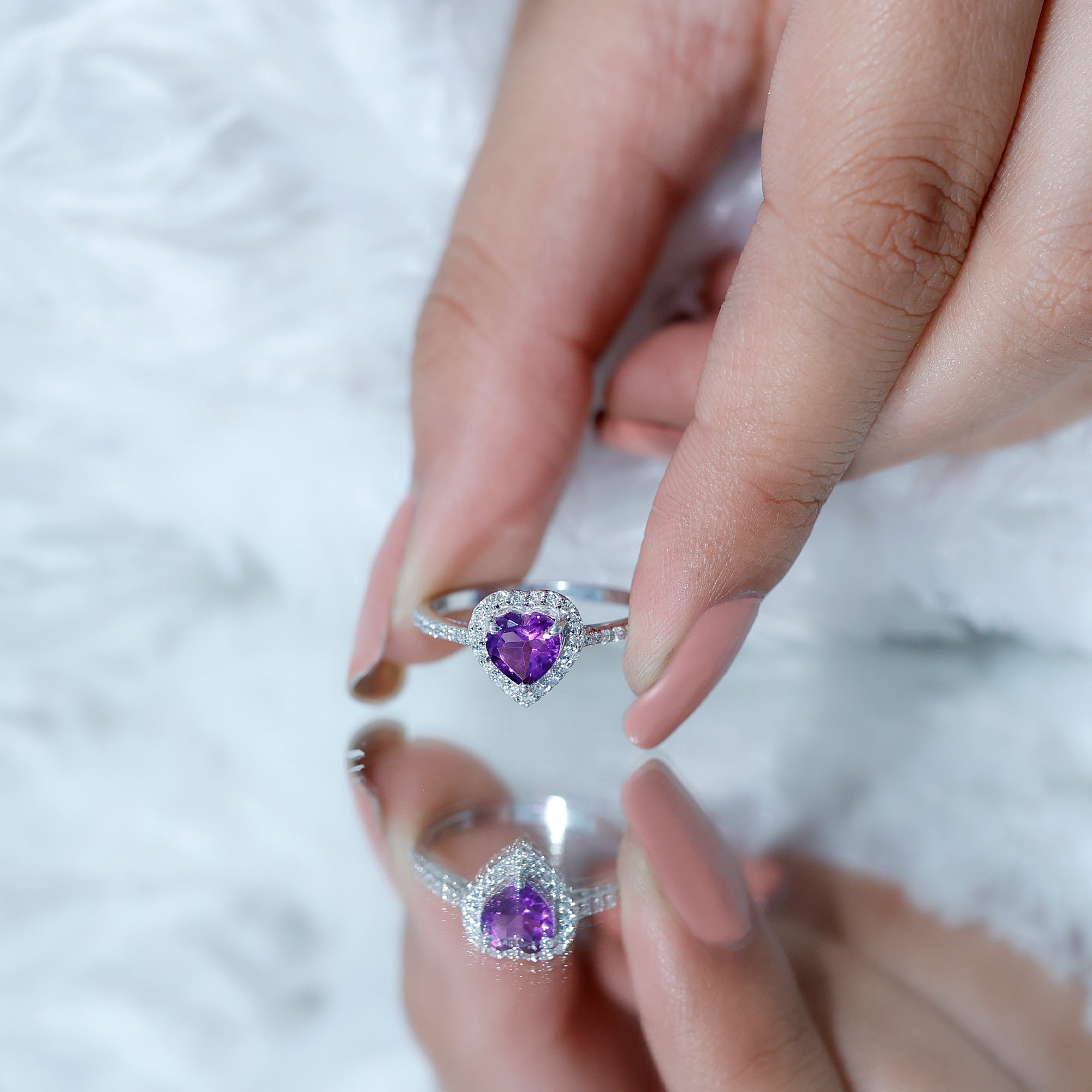 Rosec Jewels-Natural 0.9 Carat Amethyst Heart Engagement Ring with Diamond Halo