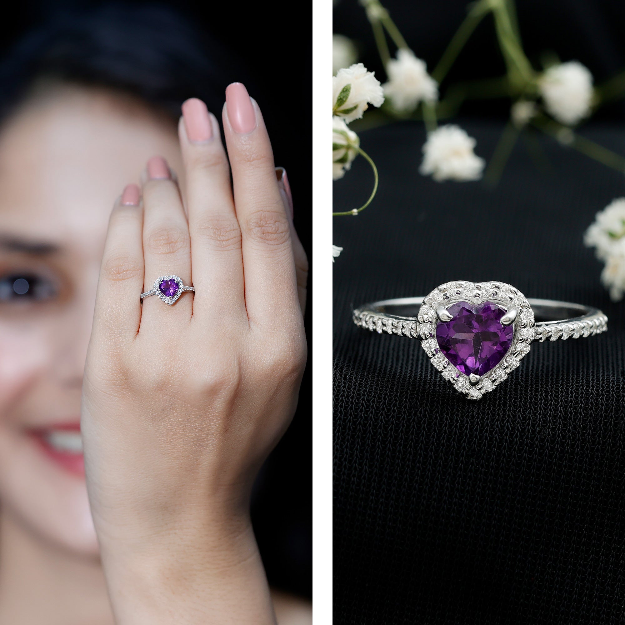 Rosec Jewels-Natural 0.9 Carat Amethyst Heart Engagement Ring with Diamond Halo