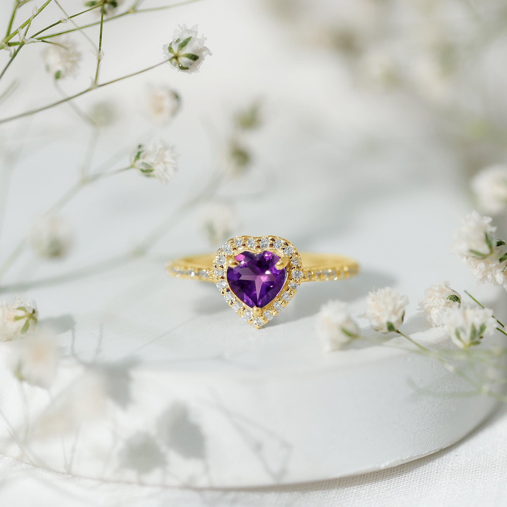 Rosec Jewels-Natural 0.9 Carat Amethyst Heart Engagement Ring with Diamond Halo