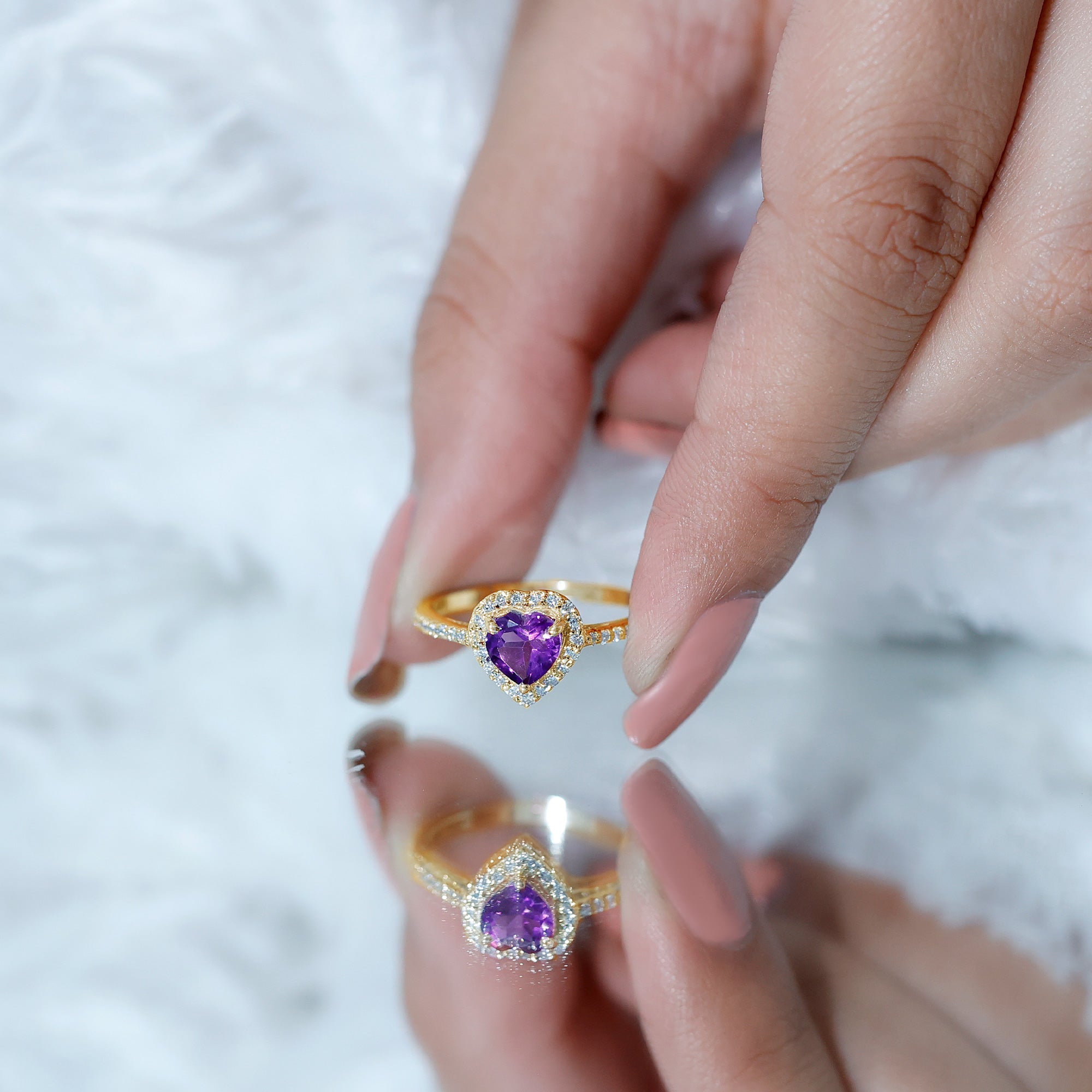 Rosec Jewels-Natural 0.9 Carat Amethyst Heart Engagement Ring with Diamond Halo