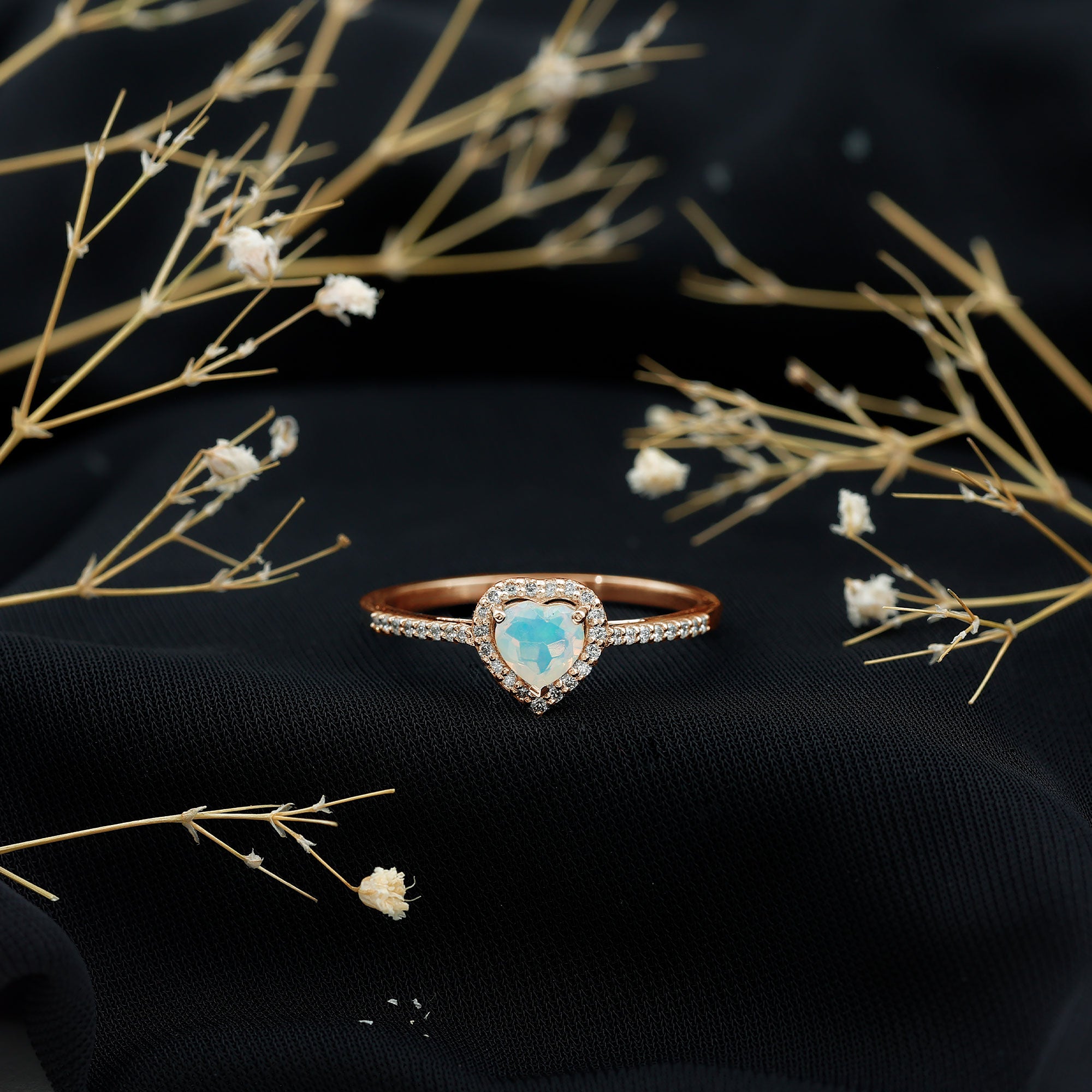 Natural Ethiopian Opal Heart Shaped Engagement Ring with Diamond Halo AAA - Rosec Jewels