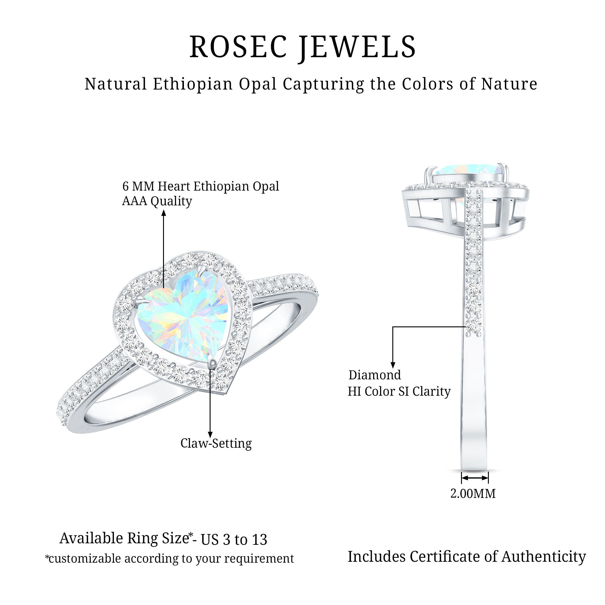 Natural Ethiopian Opal Heart Shaped Engagement Ring with Diamond Halo AAA - Rosec Jewels