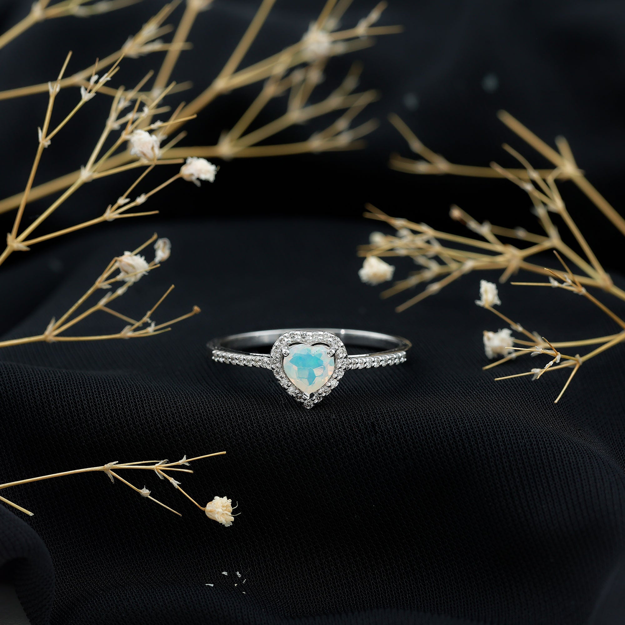 Natural Ethiopian Opal Heart Shaped Engagement Ring with Diamond Halo AAA - Rosec Jewels