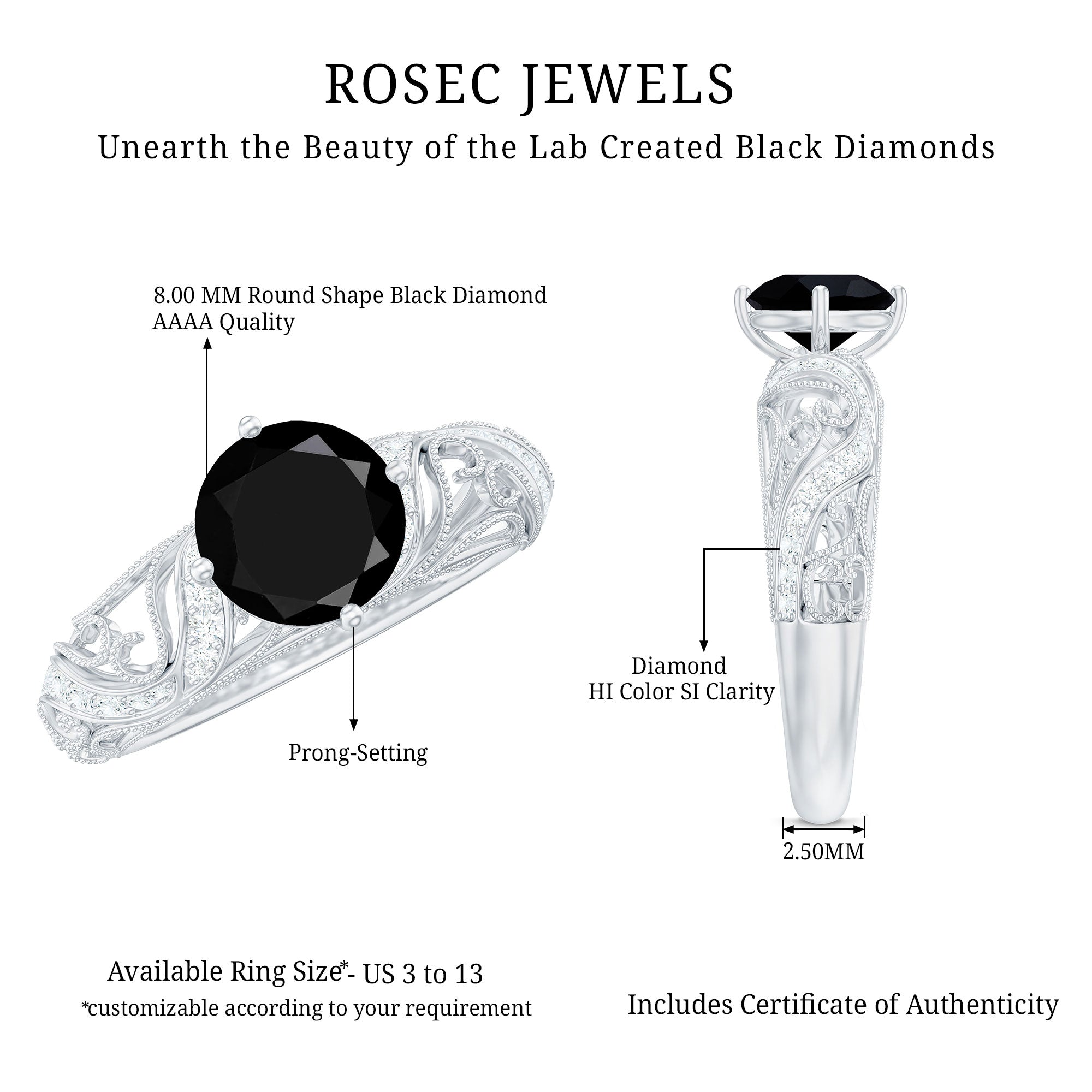 Round Created Black Diamond Vintage Inspired Engagement Ring with Diamond AAAA ( Synthetic ) - Rosec Jewels