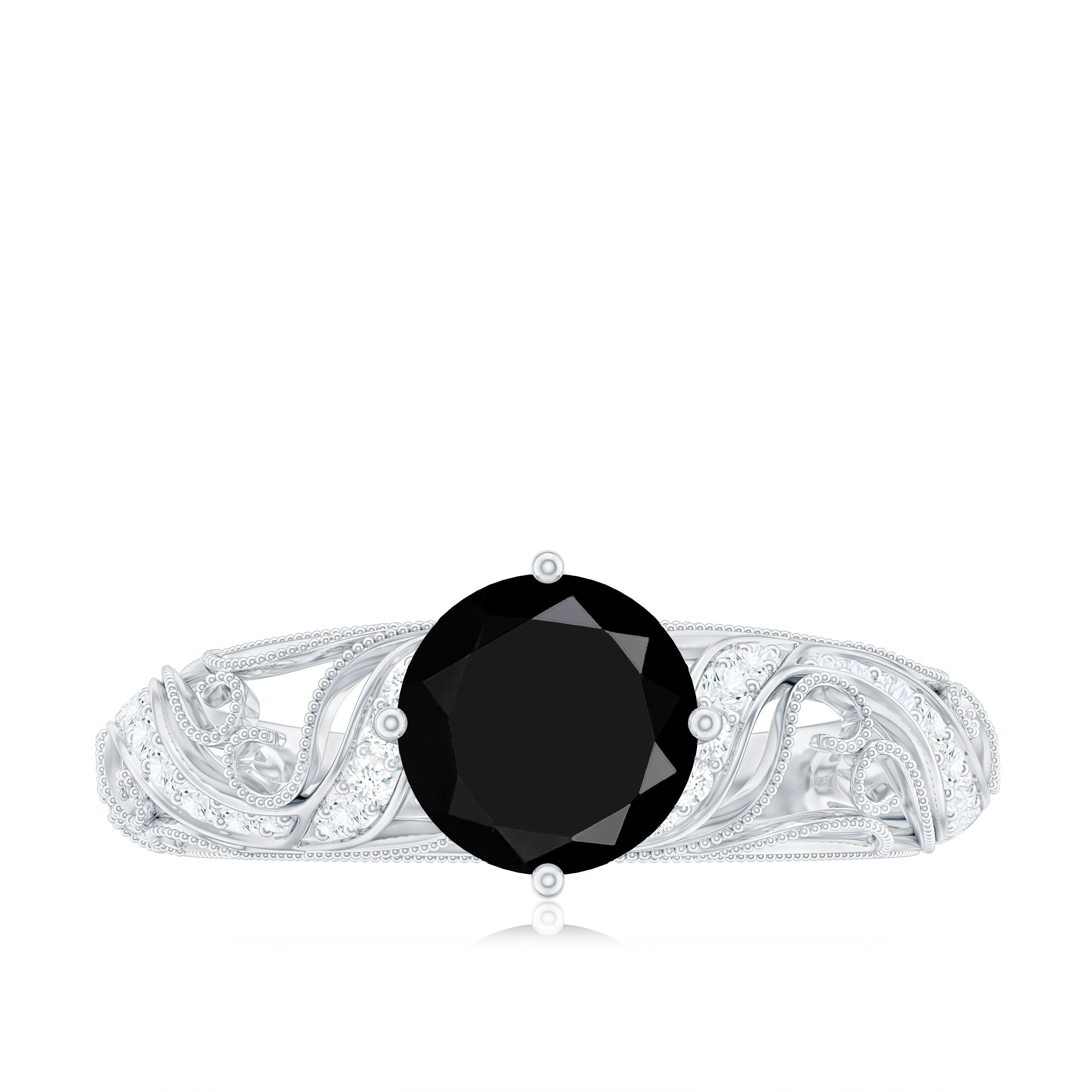 Round Created Black Diamond Vintage Inspired Engagement Ring with Diamond AAAA ( Synthetic ) - Rosec Jewels