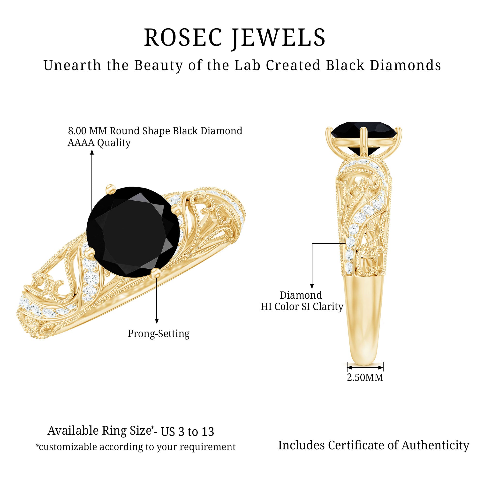 Round Created Black Diamond Vintage Inspired Engagement Ring with Diamond AAAA ( Synthetic ) - Rosec Jewels