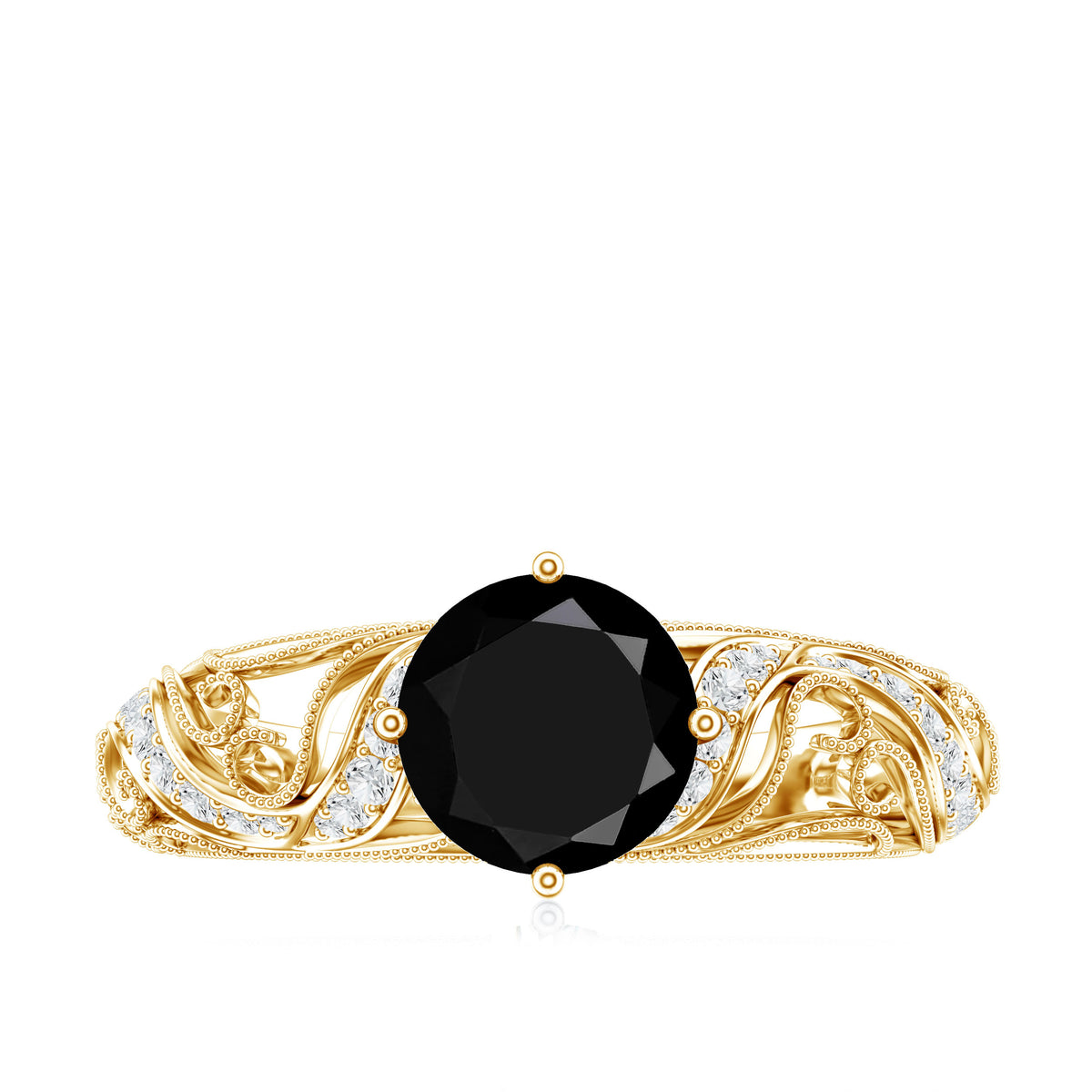 Round Created Black Diamond Vintage Inspired Engagement Ring with Diamond AAAA ( Synthetic ) - Rosec Jewels