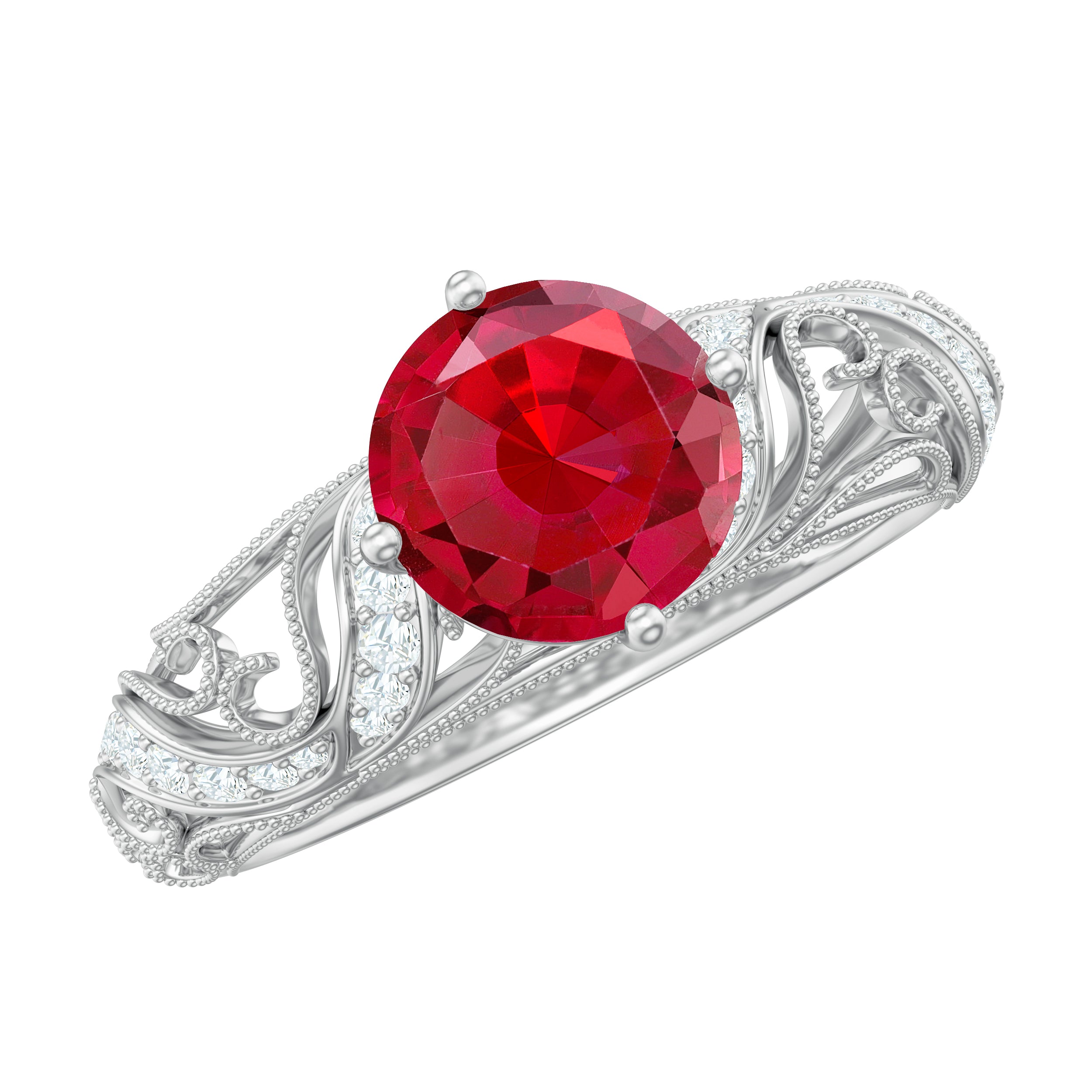 Vintage Looking Lab Ruby and Diamond Engagement Ring AAAA - Rosec Jewels
