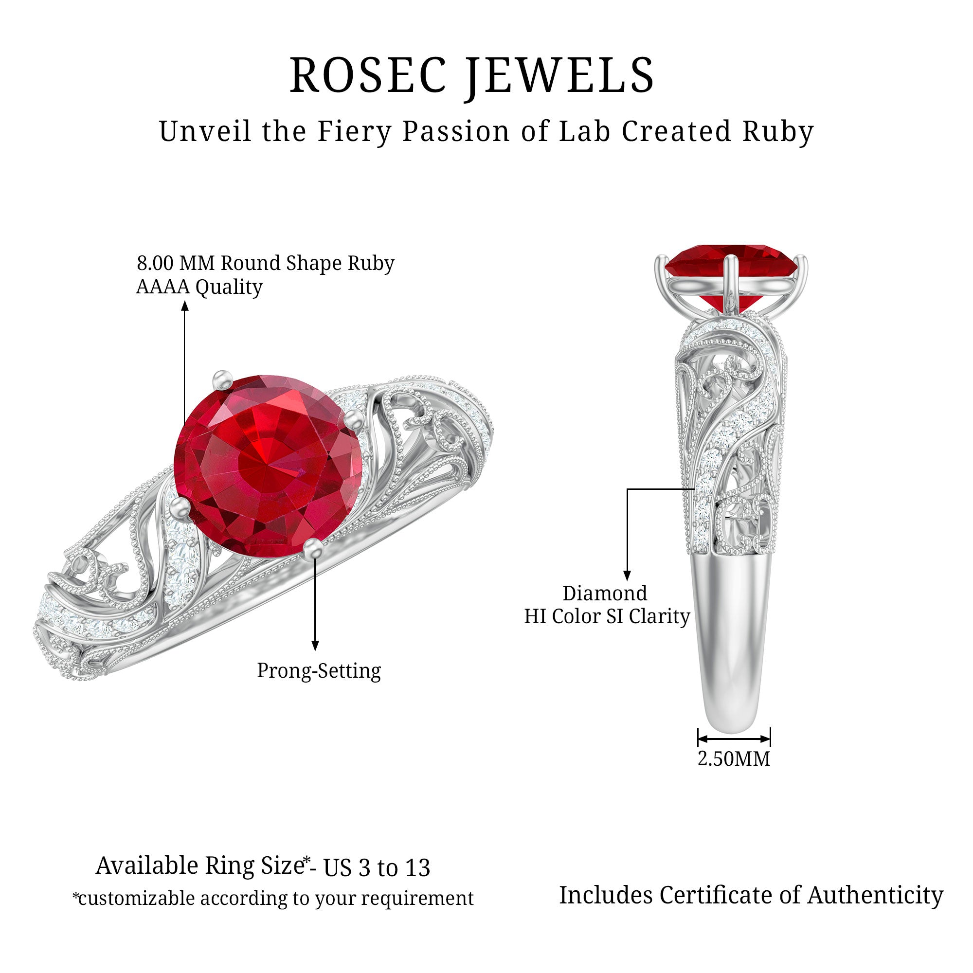 Vintage Looking Lab Ruby and Diamond Engagement Ring AAAA - Rosec Jewels