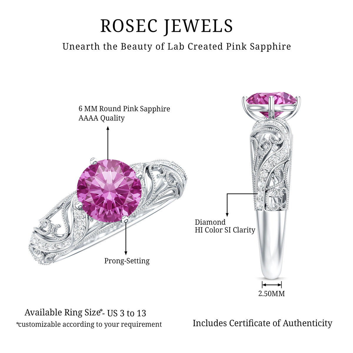 Lab Grown Pink Sapphire Antique Engagement Ring With Diamond AAAA - Rosec Jewels