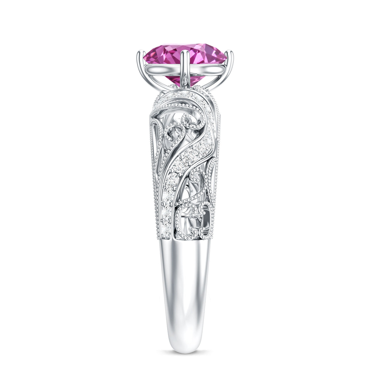 Lab Grown Pink Sapphire Antique Engagement Ring With Diamond AAAA - Rosec Jewels