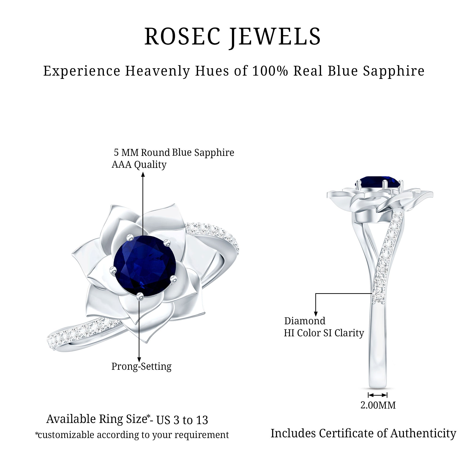 Real Blue Sapphire and Diamond Flower Ring with Bypass Shank AAA - Rosec Jewels