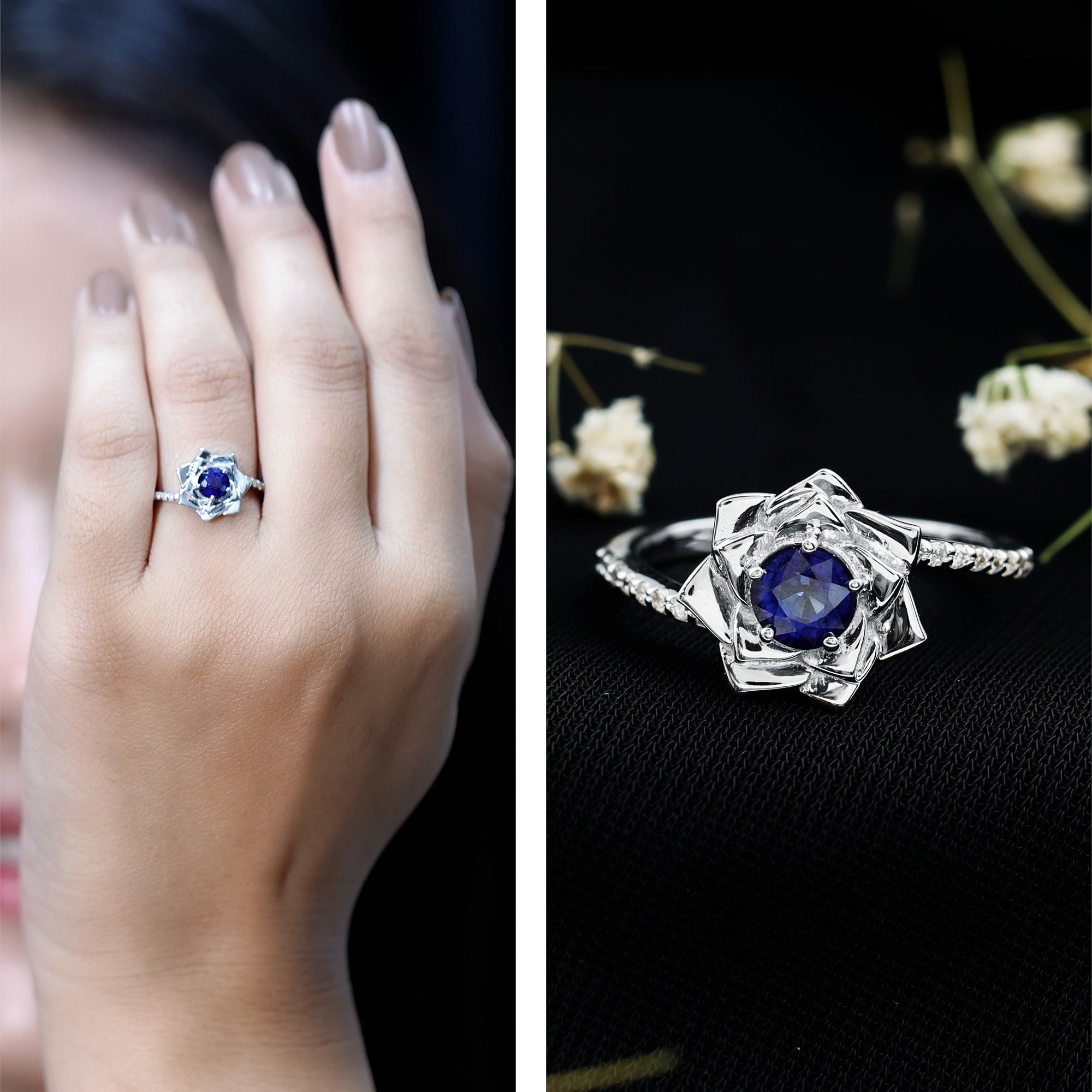 Real Blue Sapphire and Diamond Flower Ring with Bypass Shank AAA - Rosec Jewels