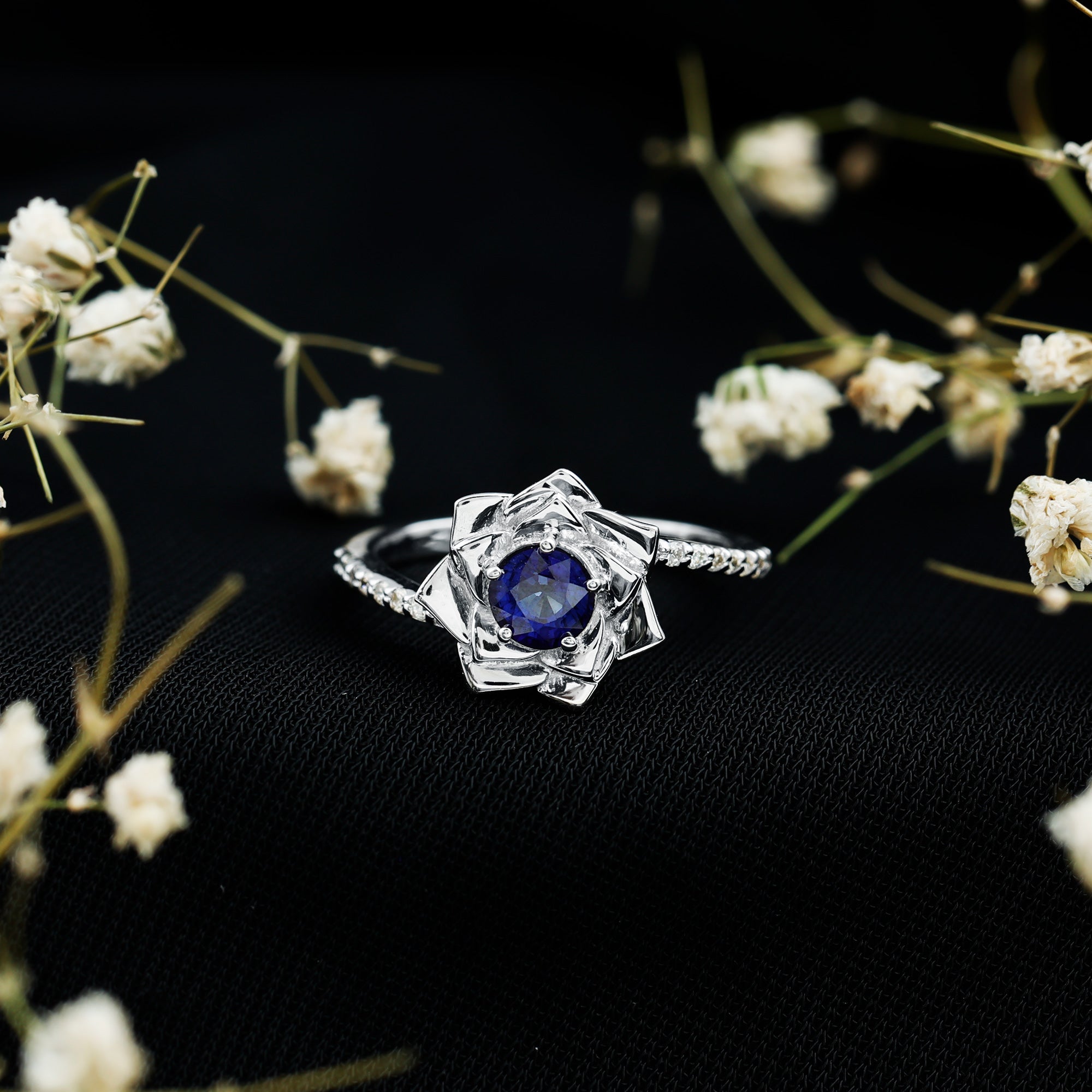 Real Blue Sapphire and Diamond Flower Ring with Bypass Shank AAA - Rosec Jewels
