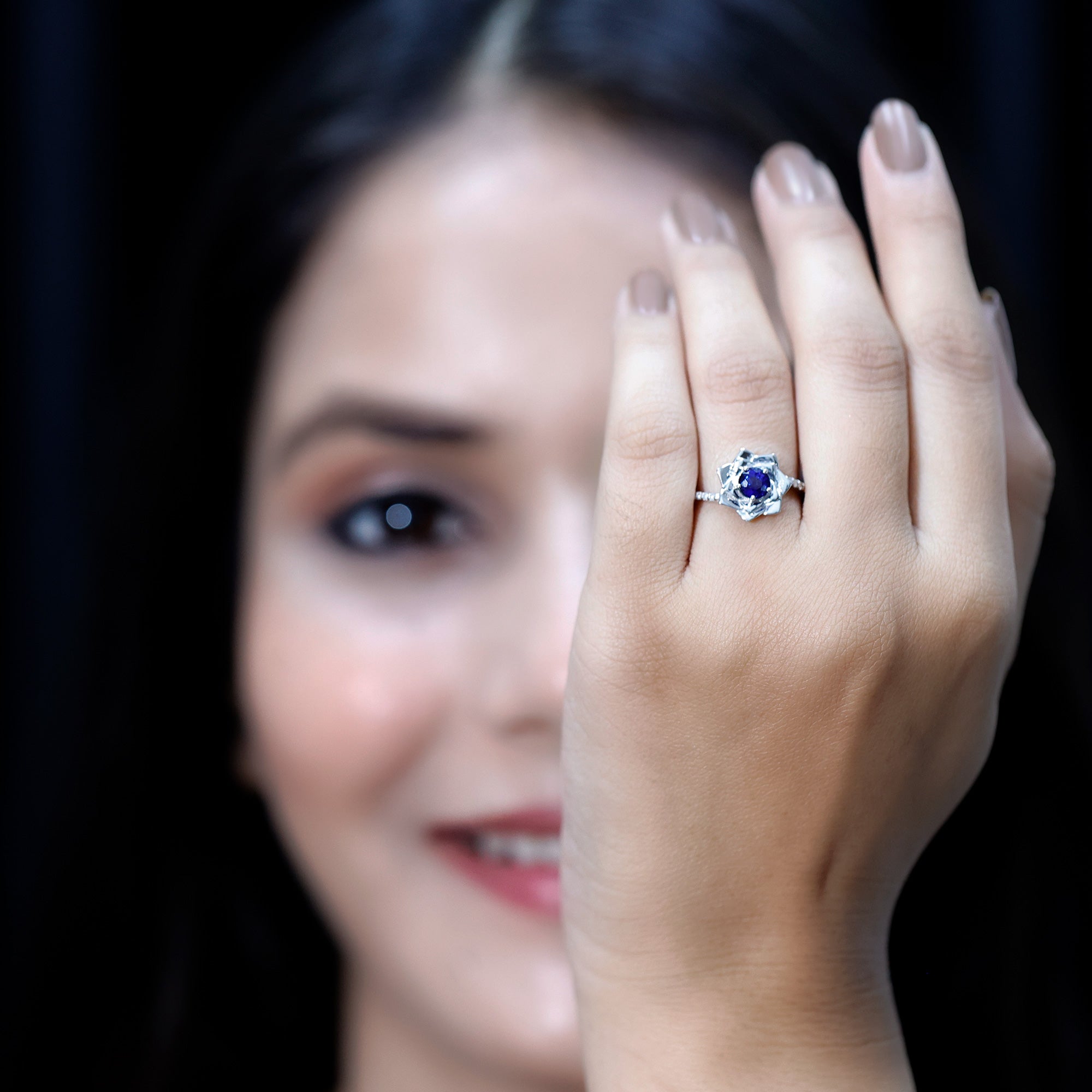Real Blue Sapphire and Diamond Flower Ring with Bypass Shank AAA - Rosec Jewels