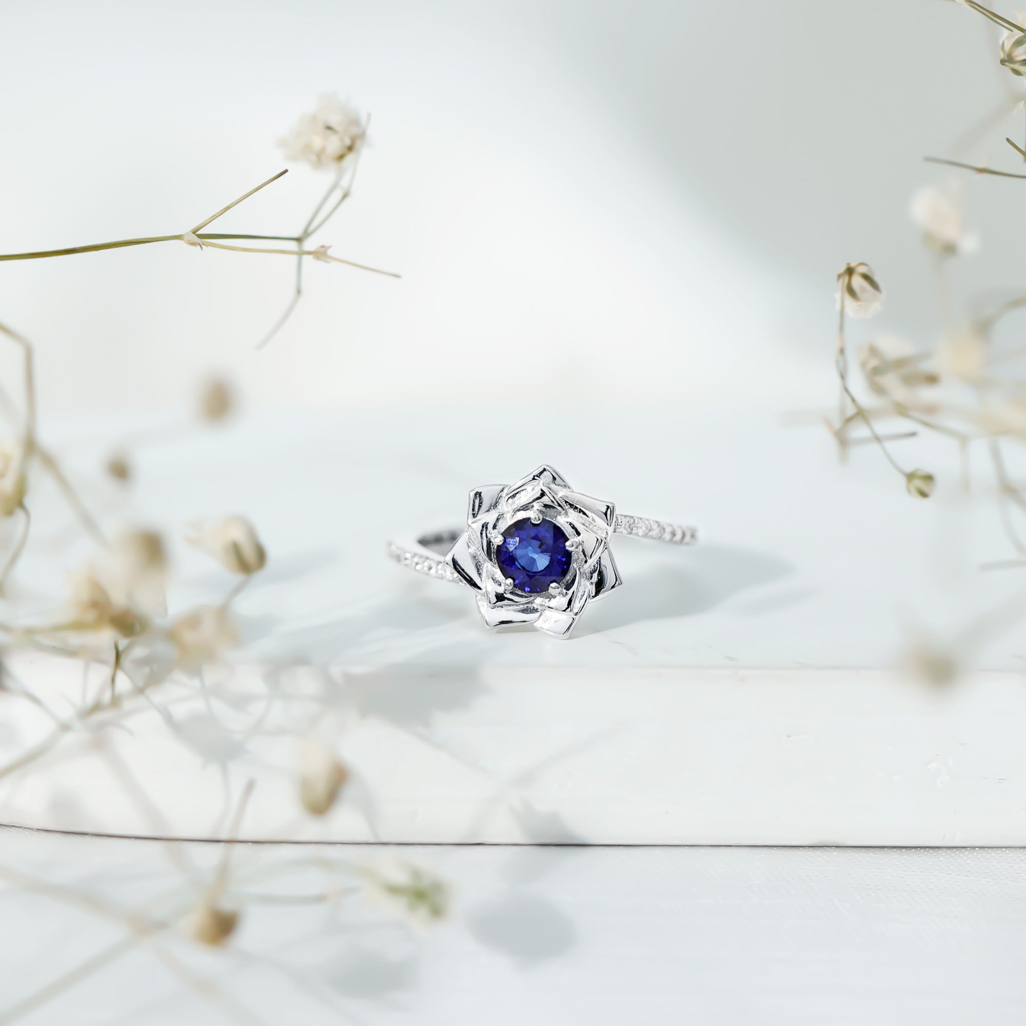 Real Blue Sapphire and Diamond Flower Ring with Bypass Shank AAA - Rosec Jewels